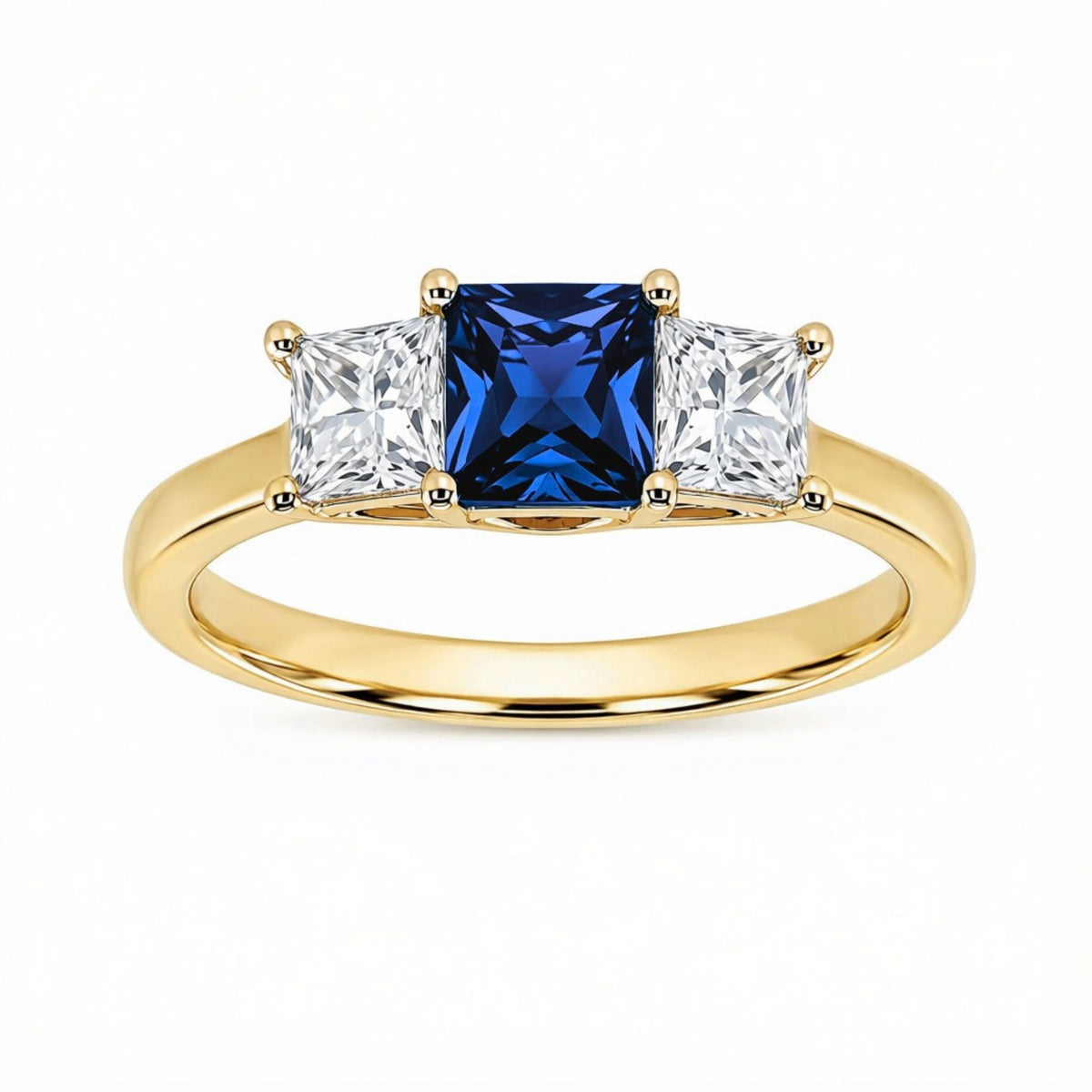 9ct gold 5mm square lab grown sapphire &amp; E/VS diamond ring 0.35cts
