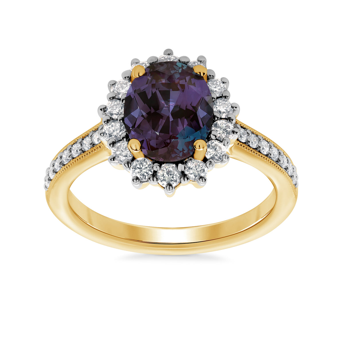 9ct gold 9x7 oval lab created alexandrite &amp; E/VS diamond shoulders cluster ring 0.50cts LG