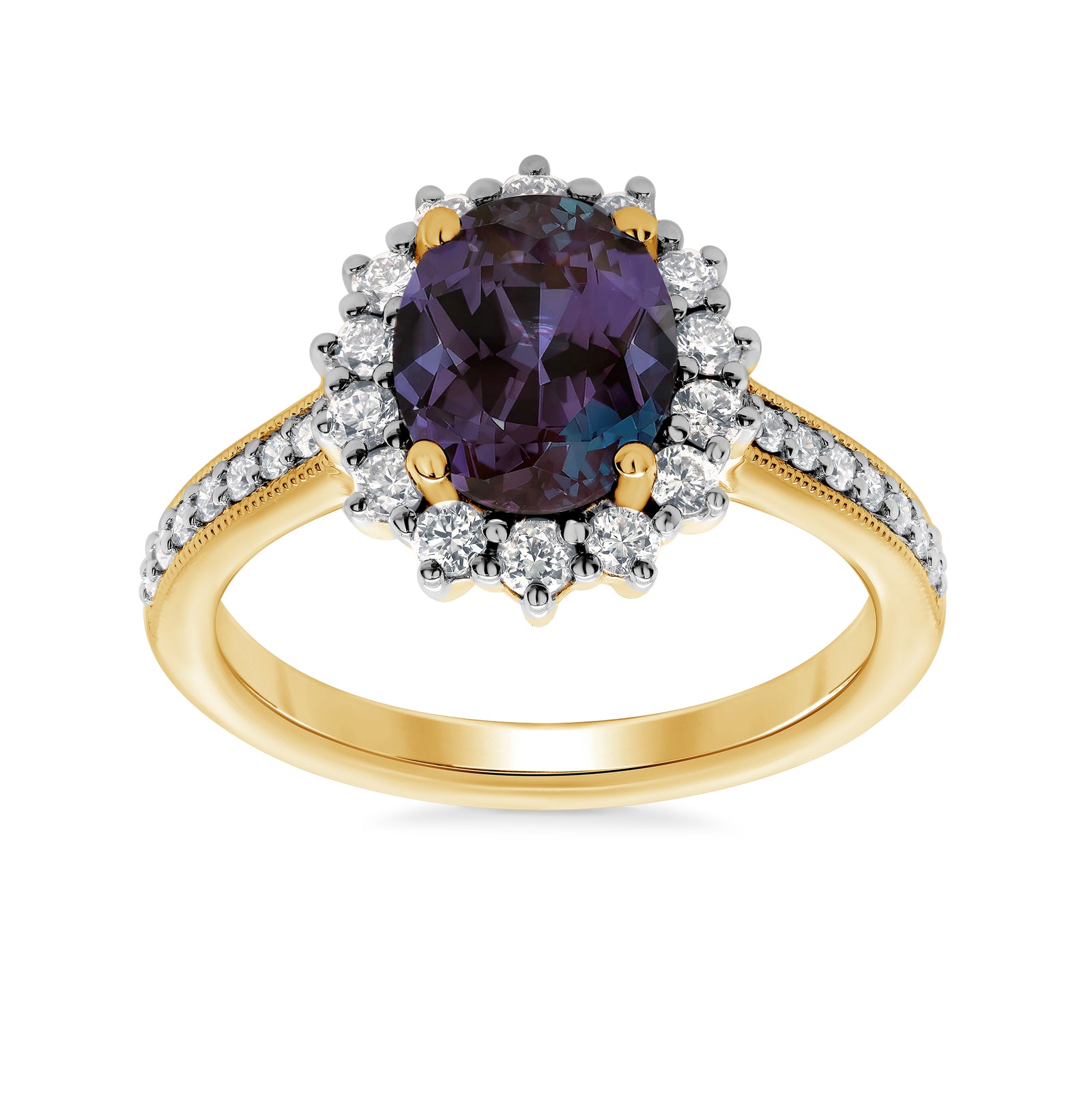 9ct gold 9x7 oval lab created alexandrite & E/VS diamond shoulders cluster ring 0.50cts LG