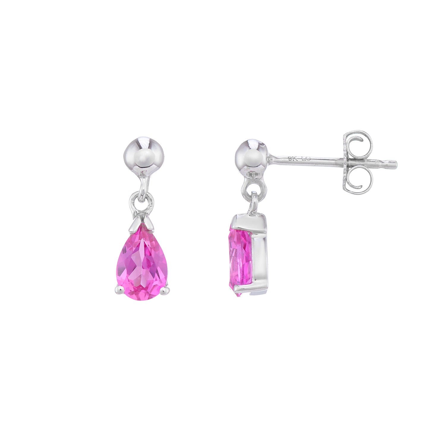 9ct white gold Lab Created Pink sapphire 6x4mm pear drop earrings