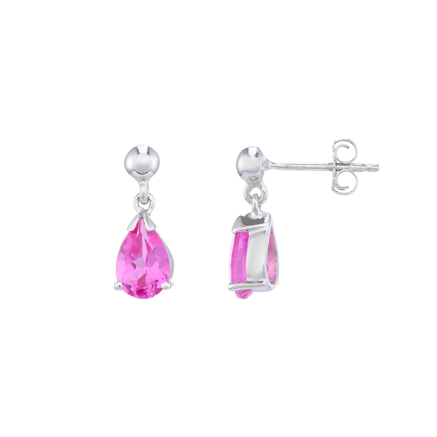 9ct white gold Lab Created Pink sapphire 7x5mm pear drop earrings