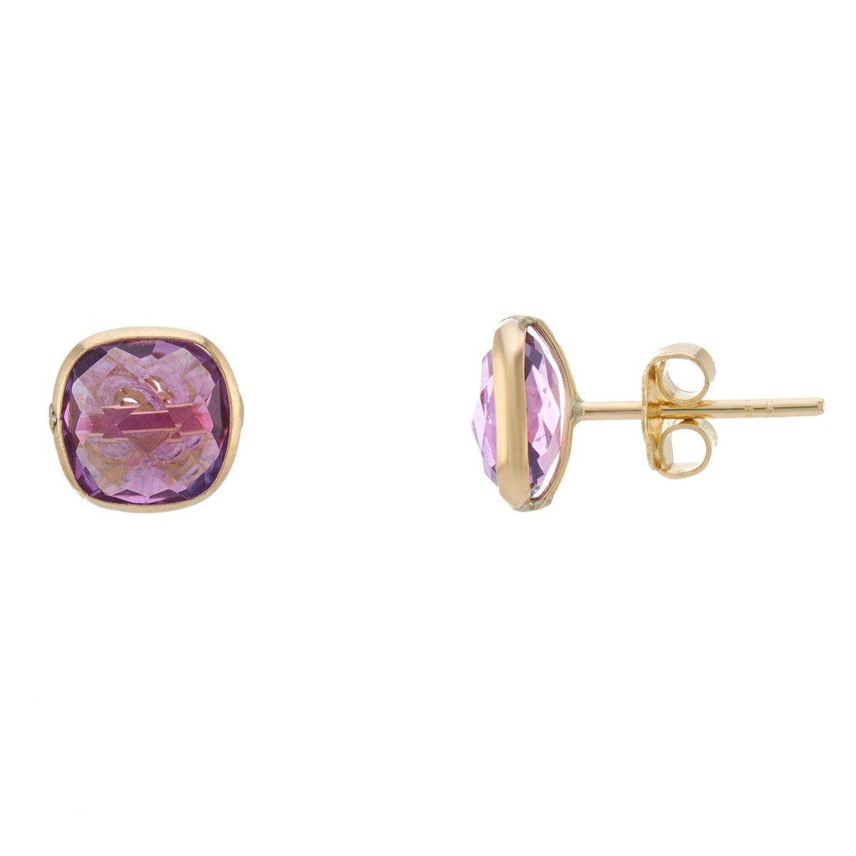 9ct gold 7mm cushion rubover amethyst studs