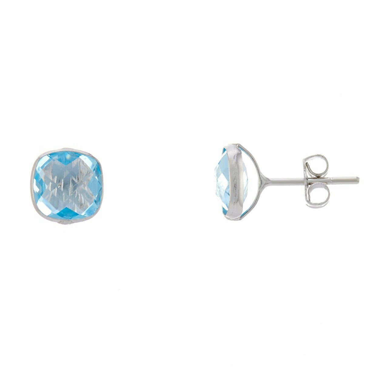 9ct white gold 7mm cushion rubover blue topaz studs