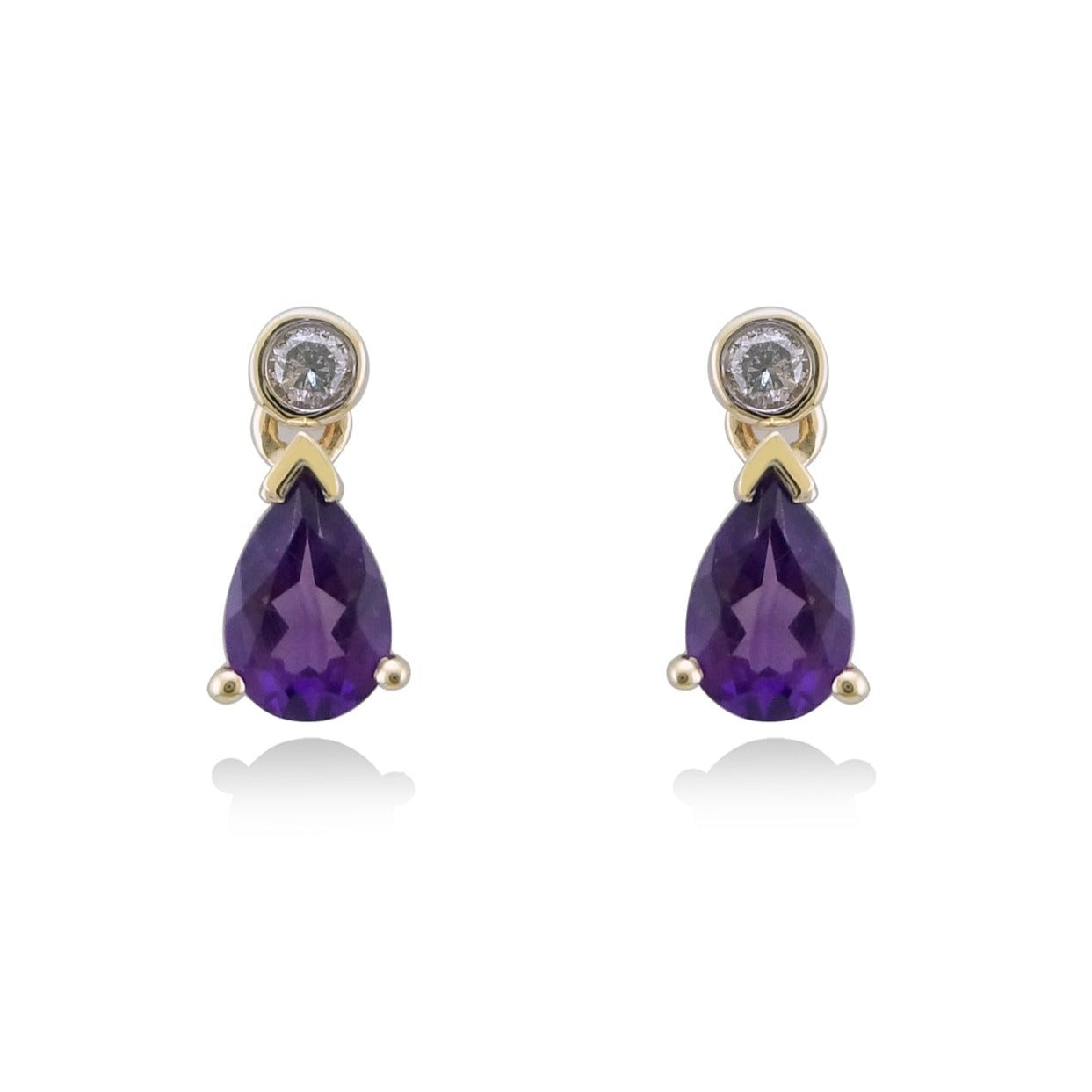 9ct gold 6x4mm pear shape amethyst & diamond earrings 0.08ct