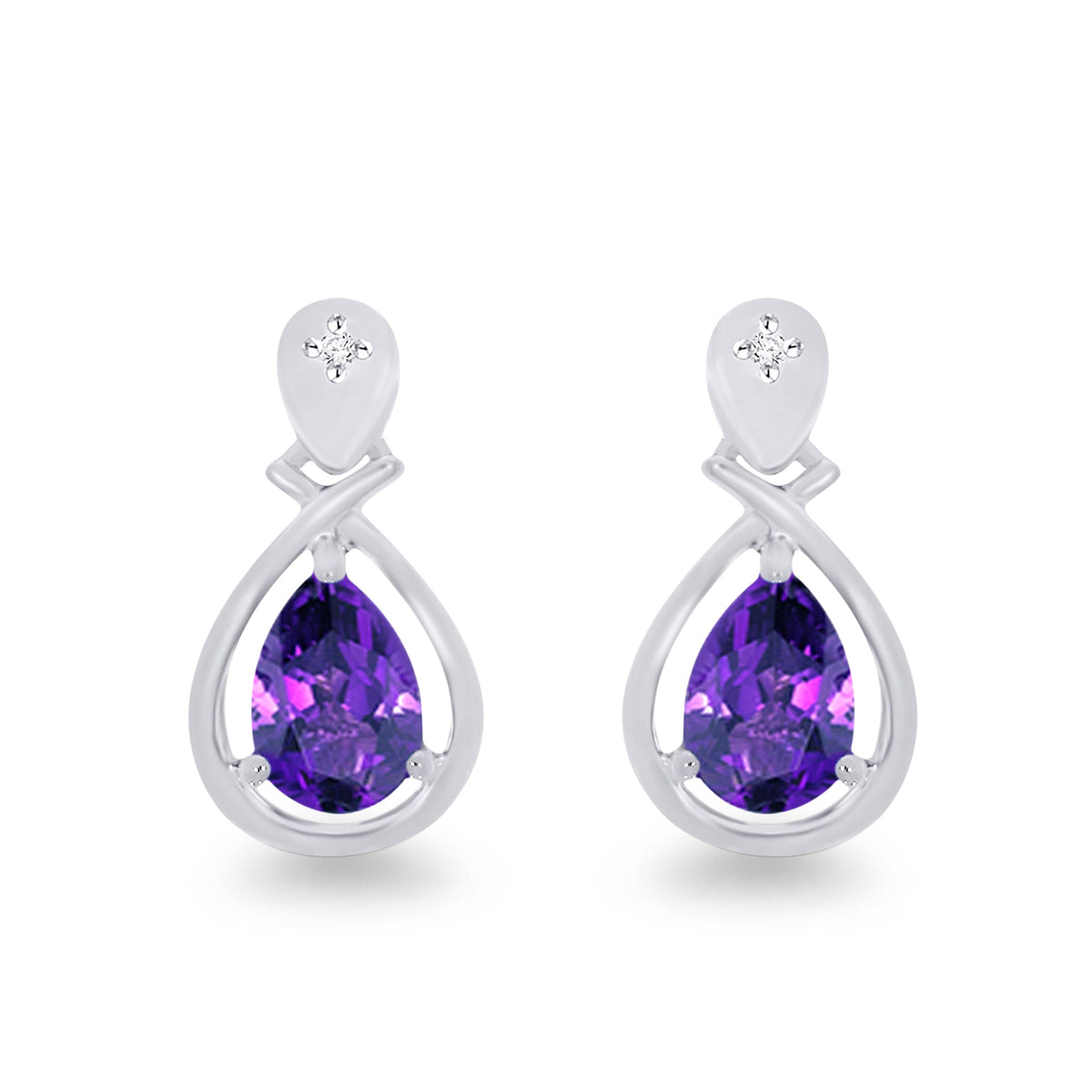 9ct white gold checkerboard cut  6x4mm pear shape amethyst &amp; diamond drop earrings 0.01ct