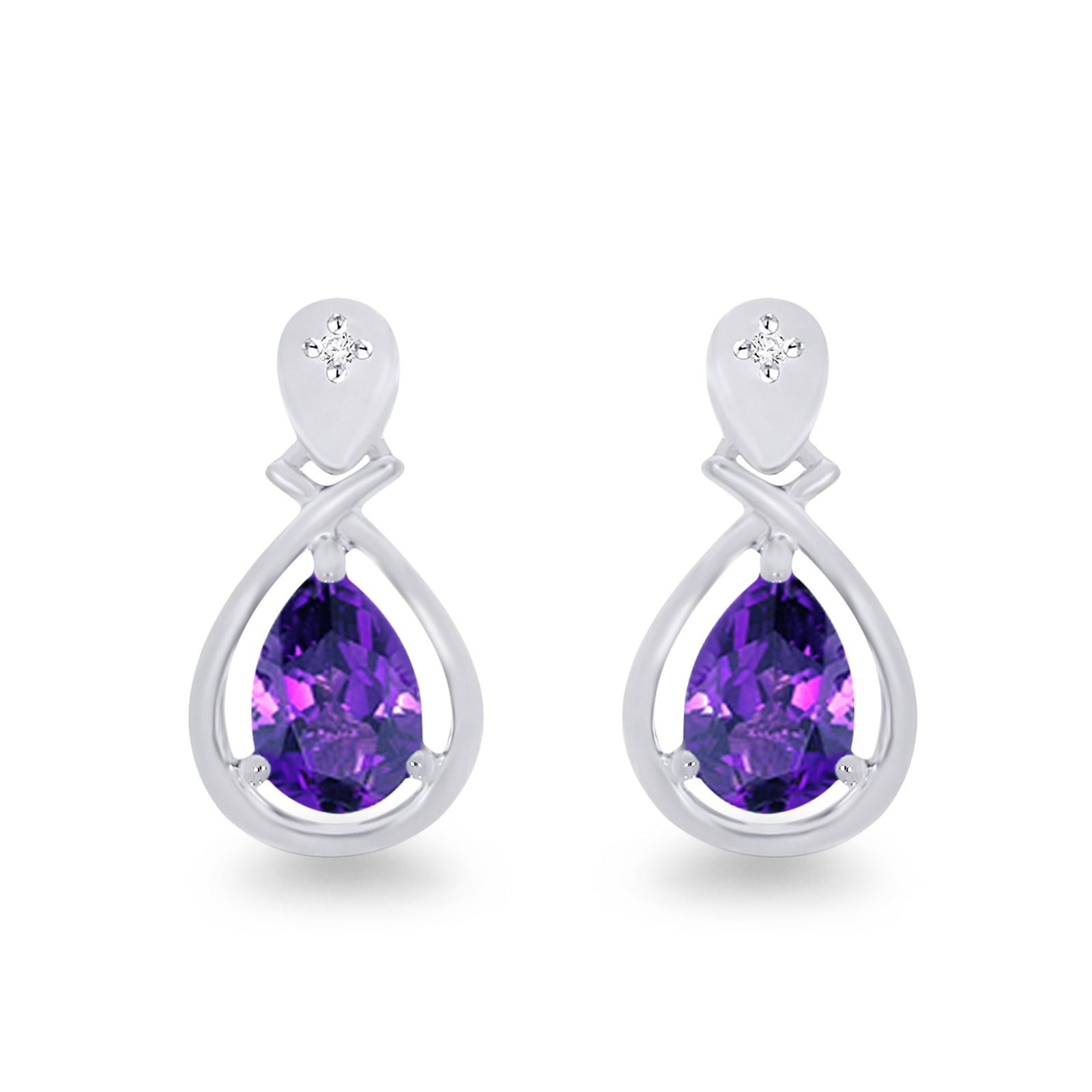 9ct white gold checkerboard cut  6x4mm pear shape amethyst & diamond drop earrings 0.01ct