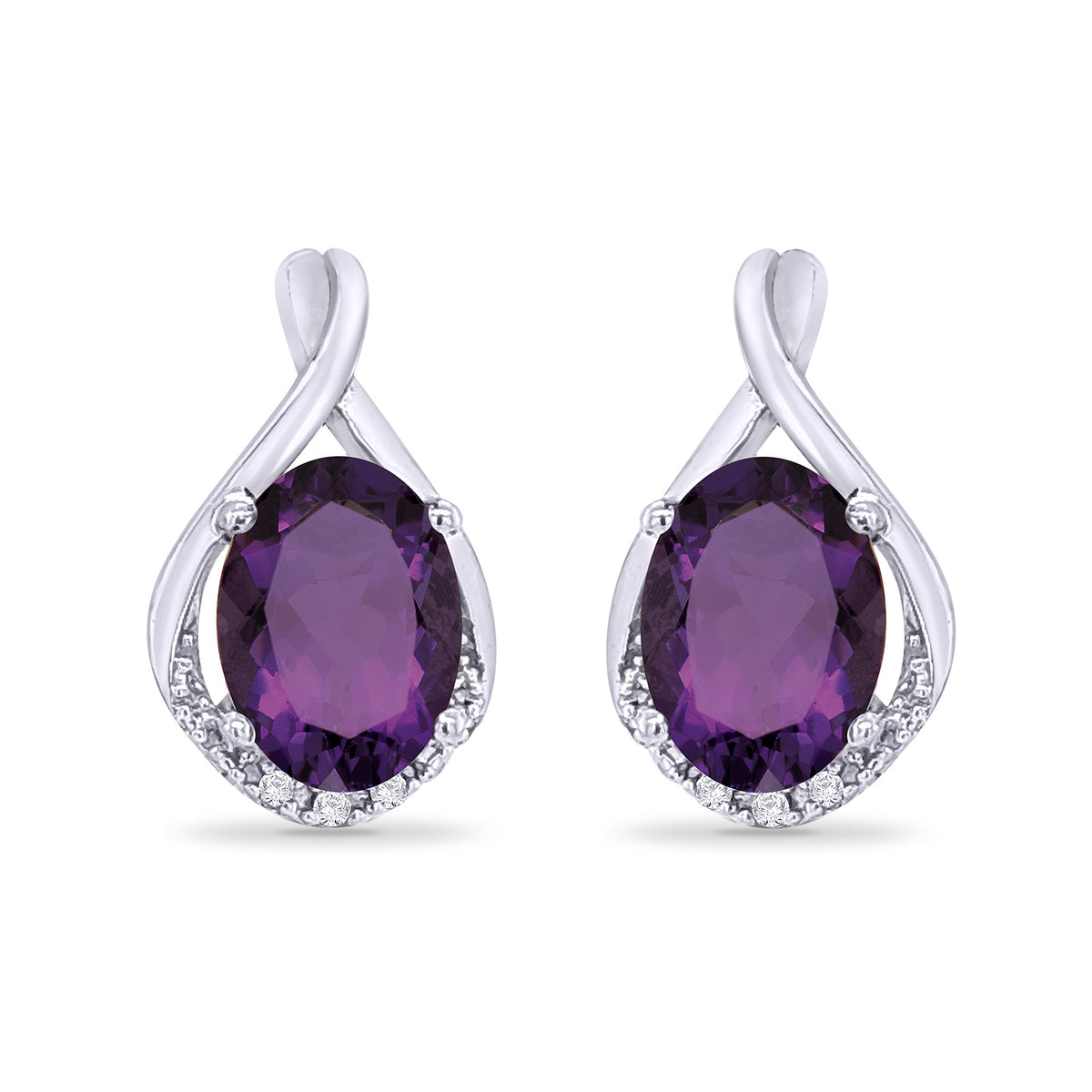 9ct white gold 8x6mm oval amethyst &amp; diamond stud earrings 0.03ct