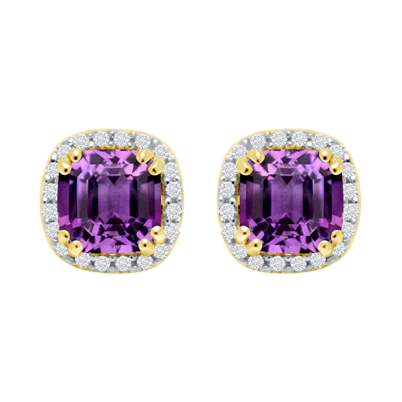 9ct gold 5mm cushion shape amethyst & diamond cluster studs 0.12ct