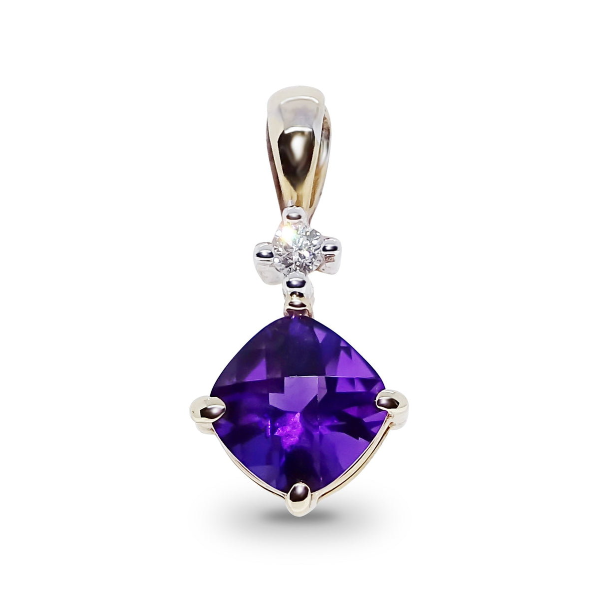 9ct gold cushion shape amethyst &amp; diamond pendant