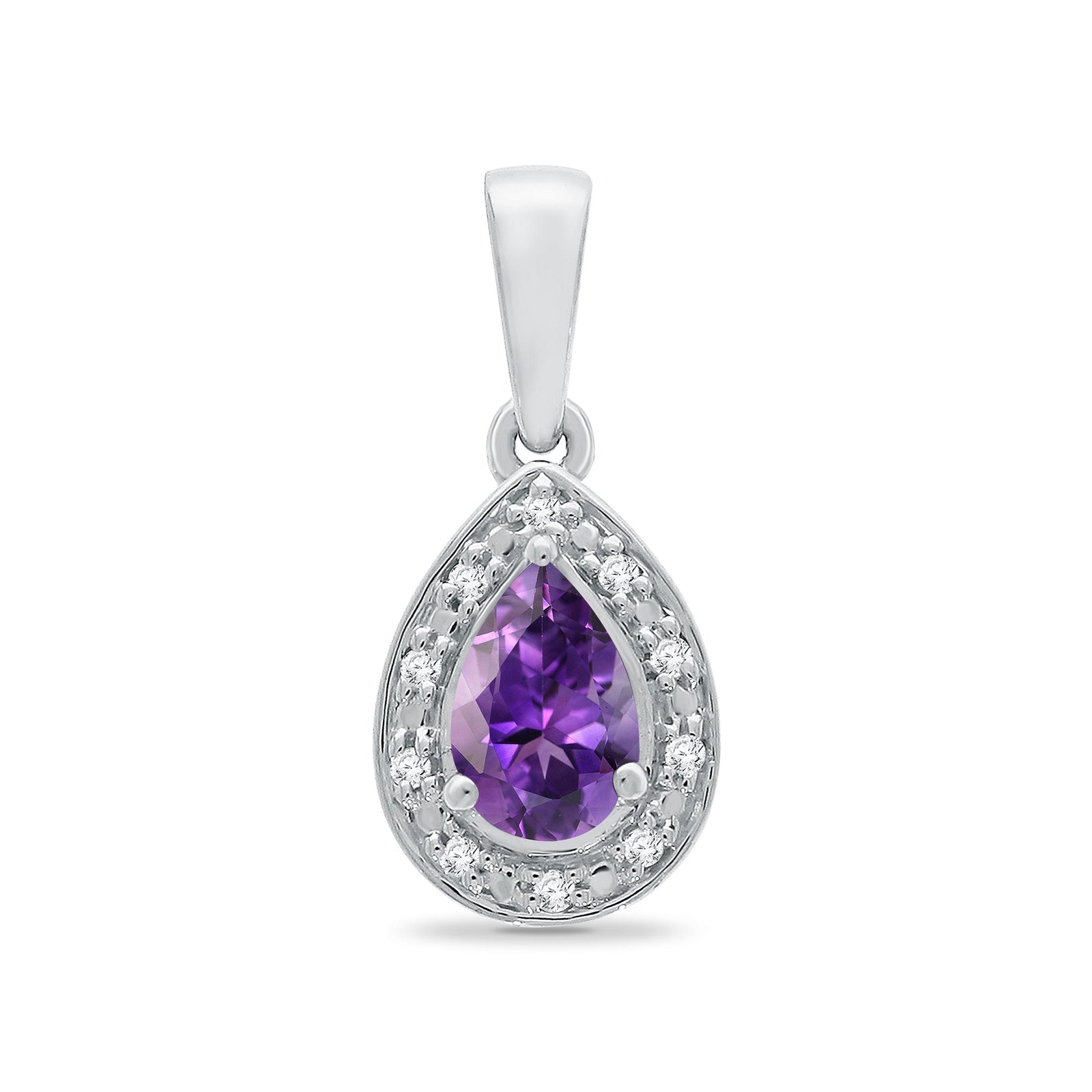 9ct white gold 6x4mm pear shape amethyst & diamond cluster pendant 0.04ct