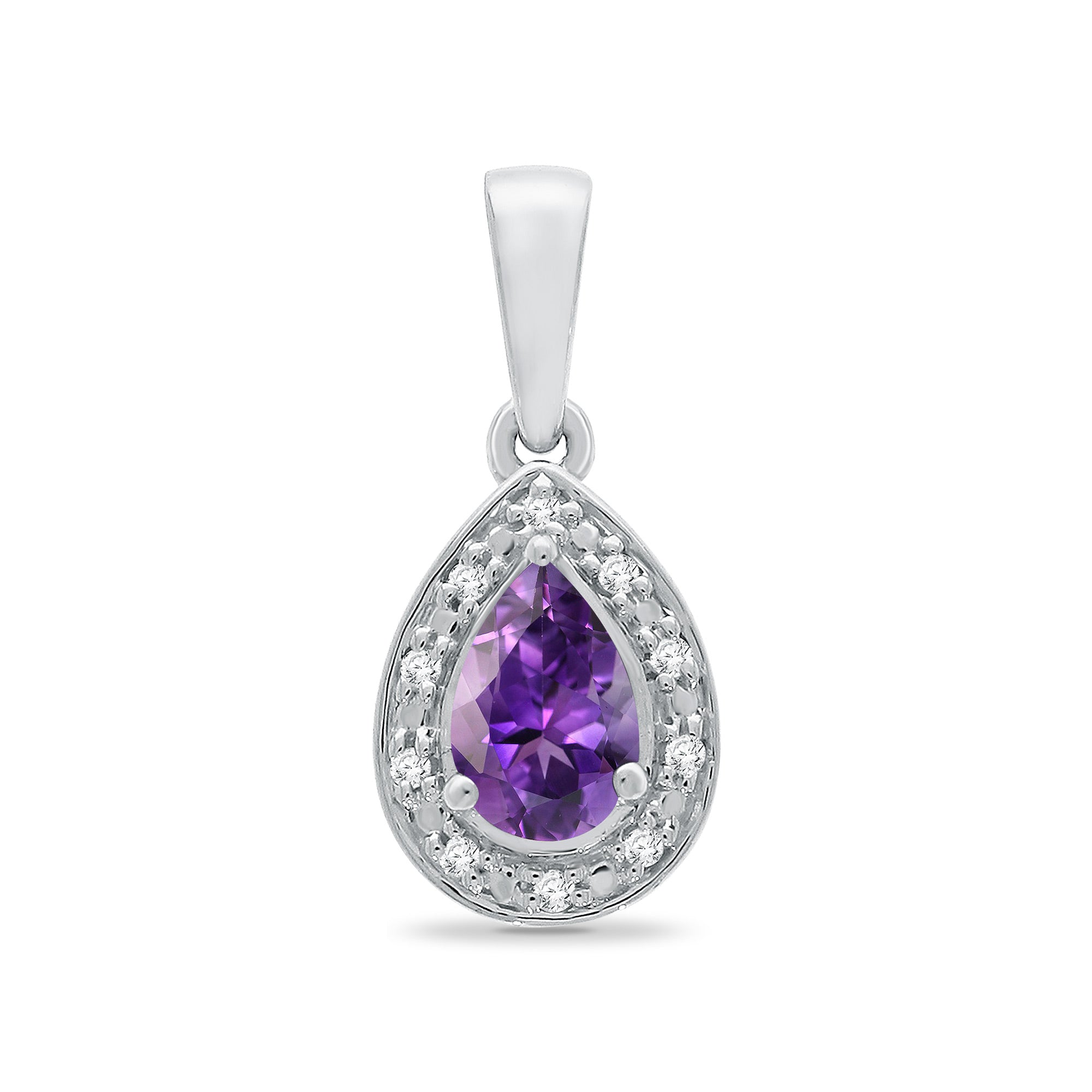 9ct white gold 6x4mm pear shape amethyst & diamond cluster pendant 0.04ct