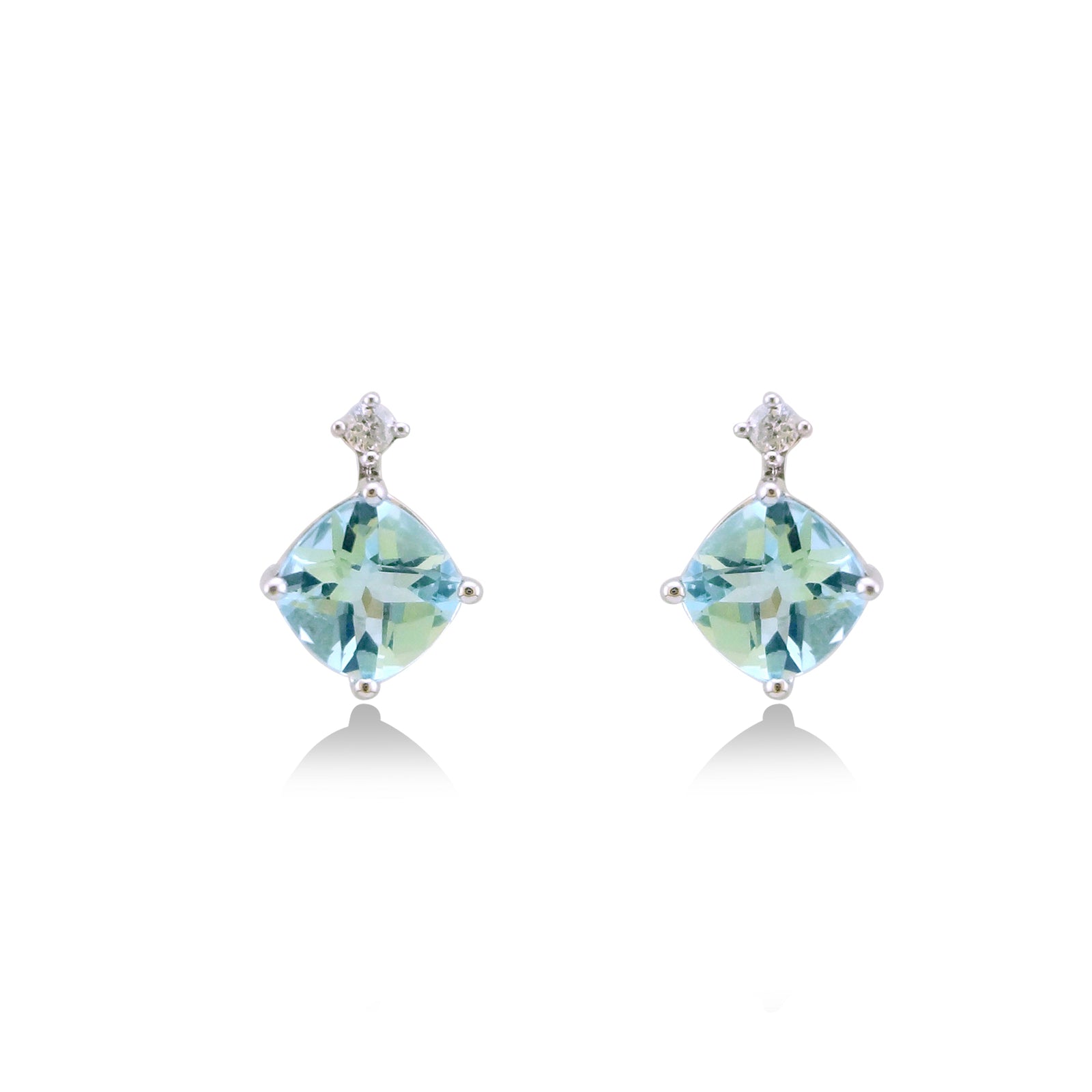 9ct white gold 6mm cushion shape aquamarine & diamond stud earrings 0.05ct