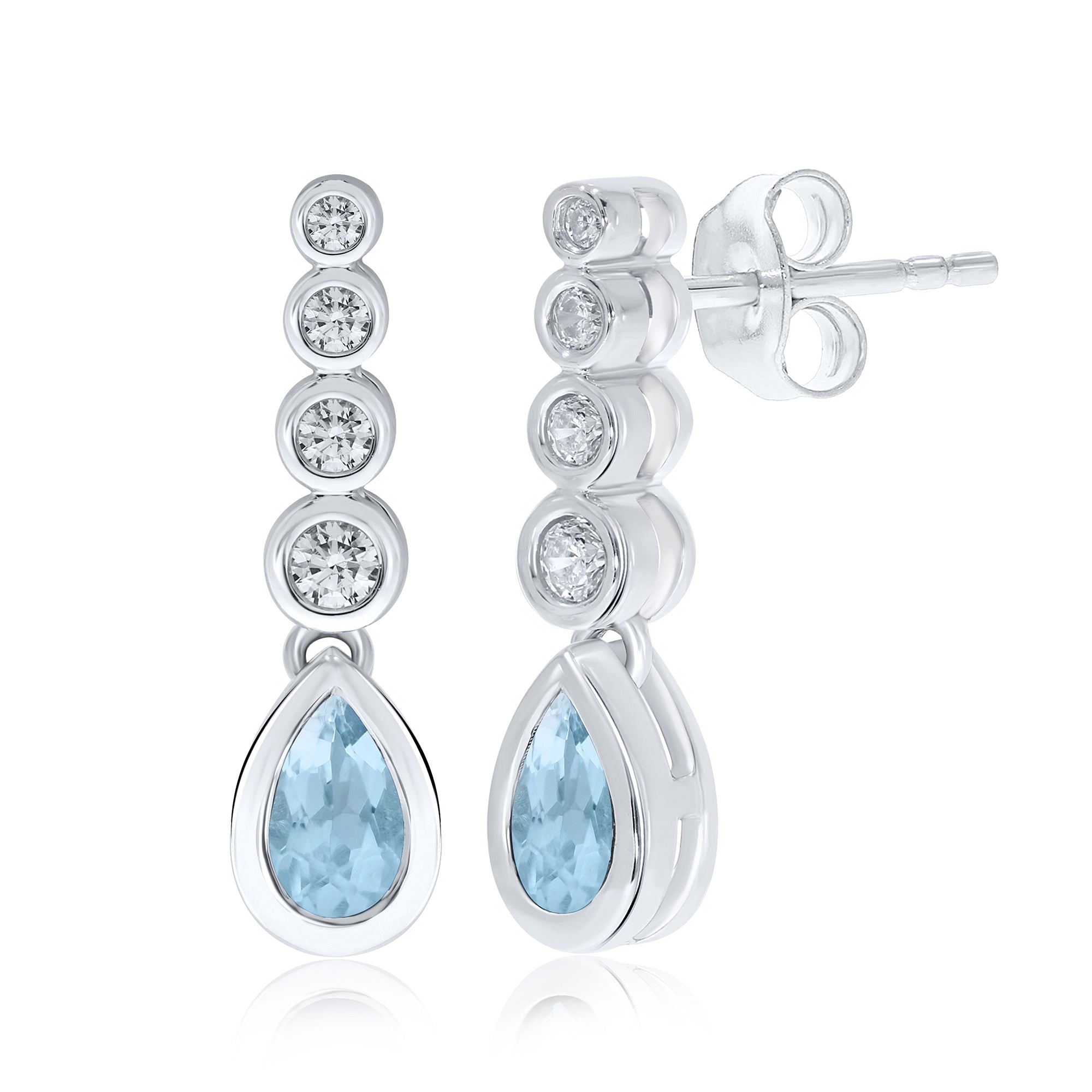 9ct white gold 5x3mm pear shape aquamarine & diamond drop earrings 0.14ct