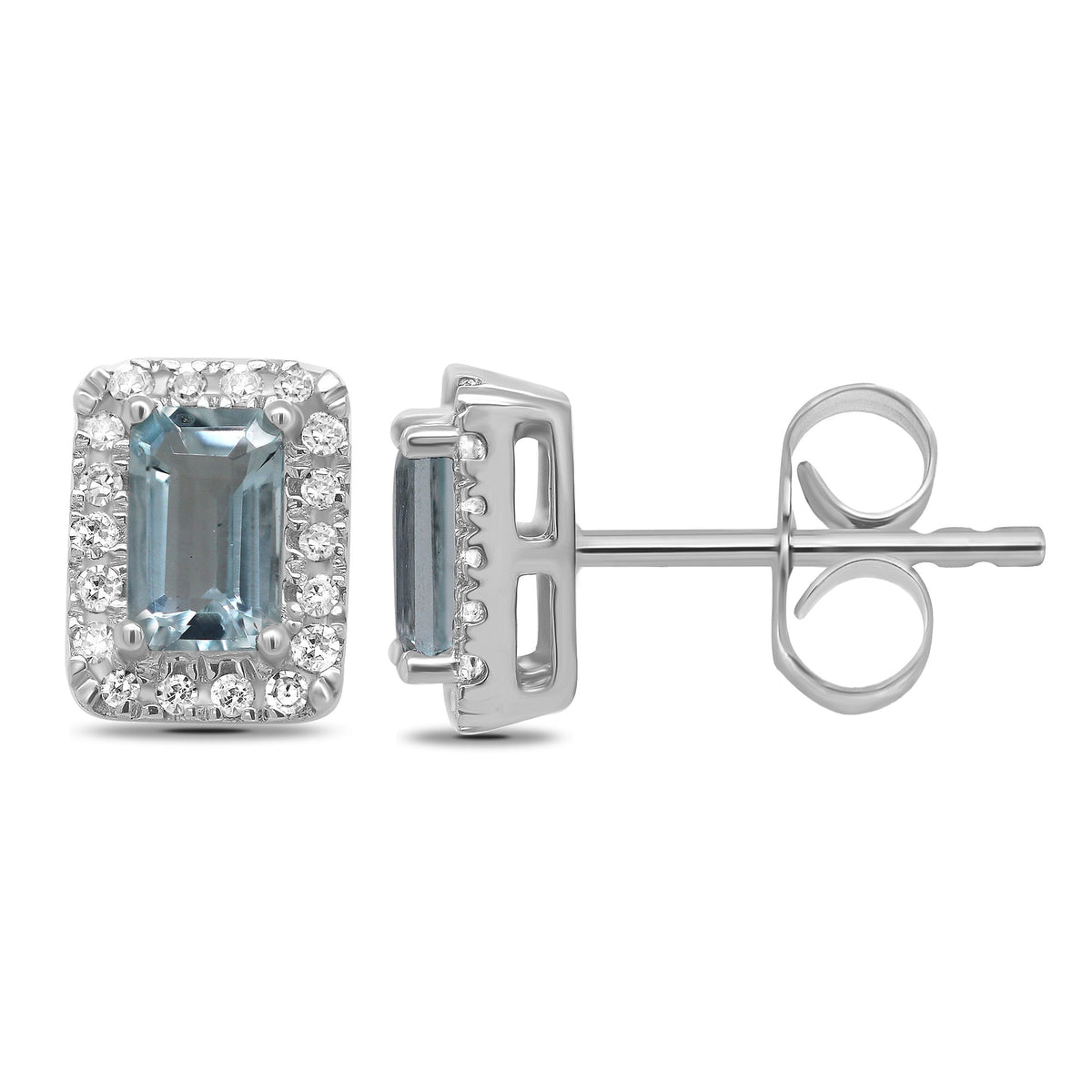 9ct white gold 5x3mm octagon cut aquamarine &amp; diamond cluster studs 0.12ct