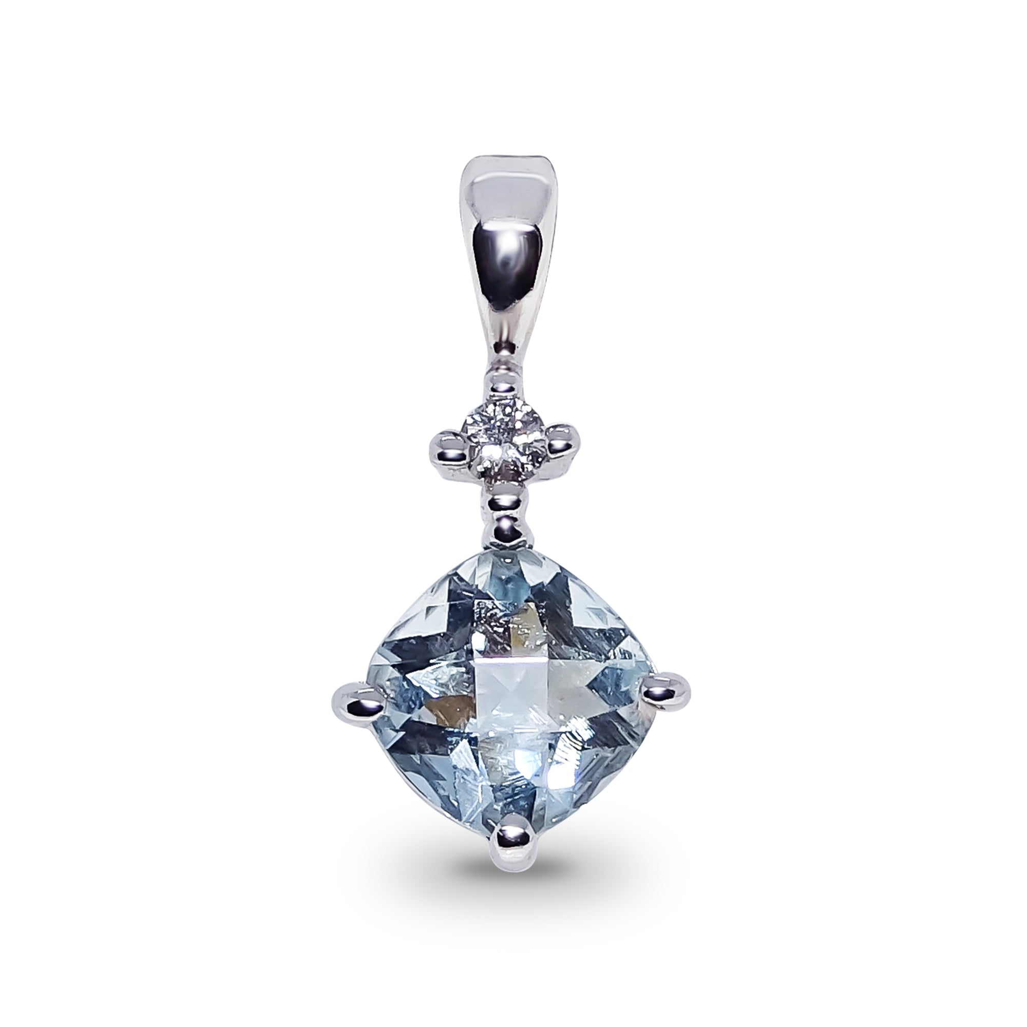 9ct white gold 6mm cushion shape aquamarine & diamond pendant 0.02ct