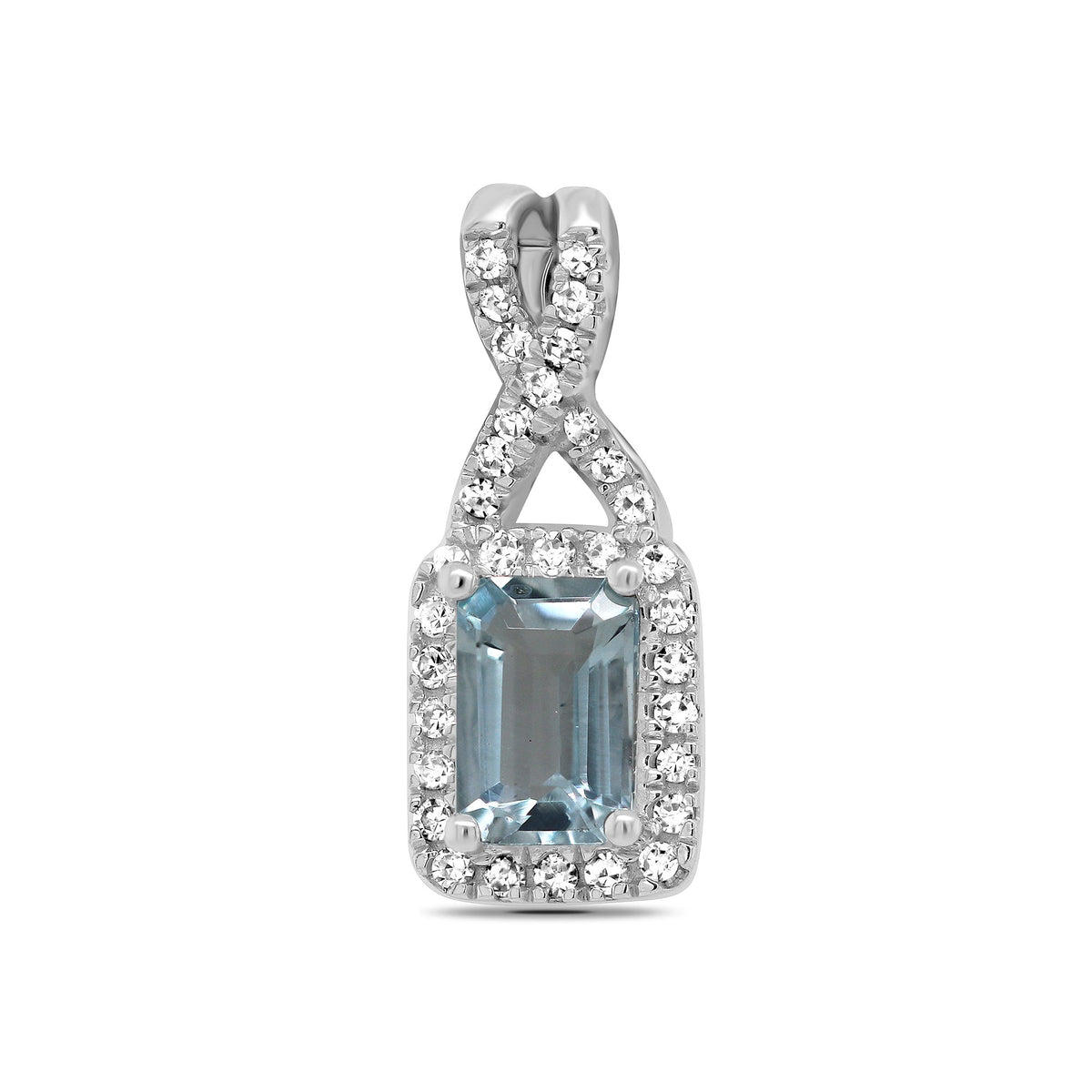 9ct white gold 6x4mm octagon cut aquamarine &amp; diamond cluster pendant 0.12ct