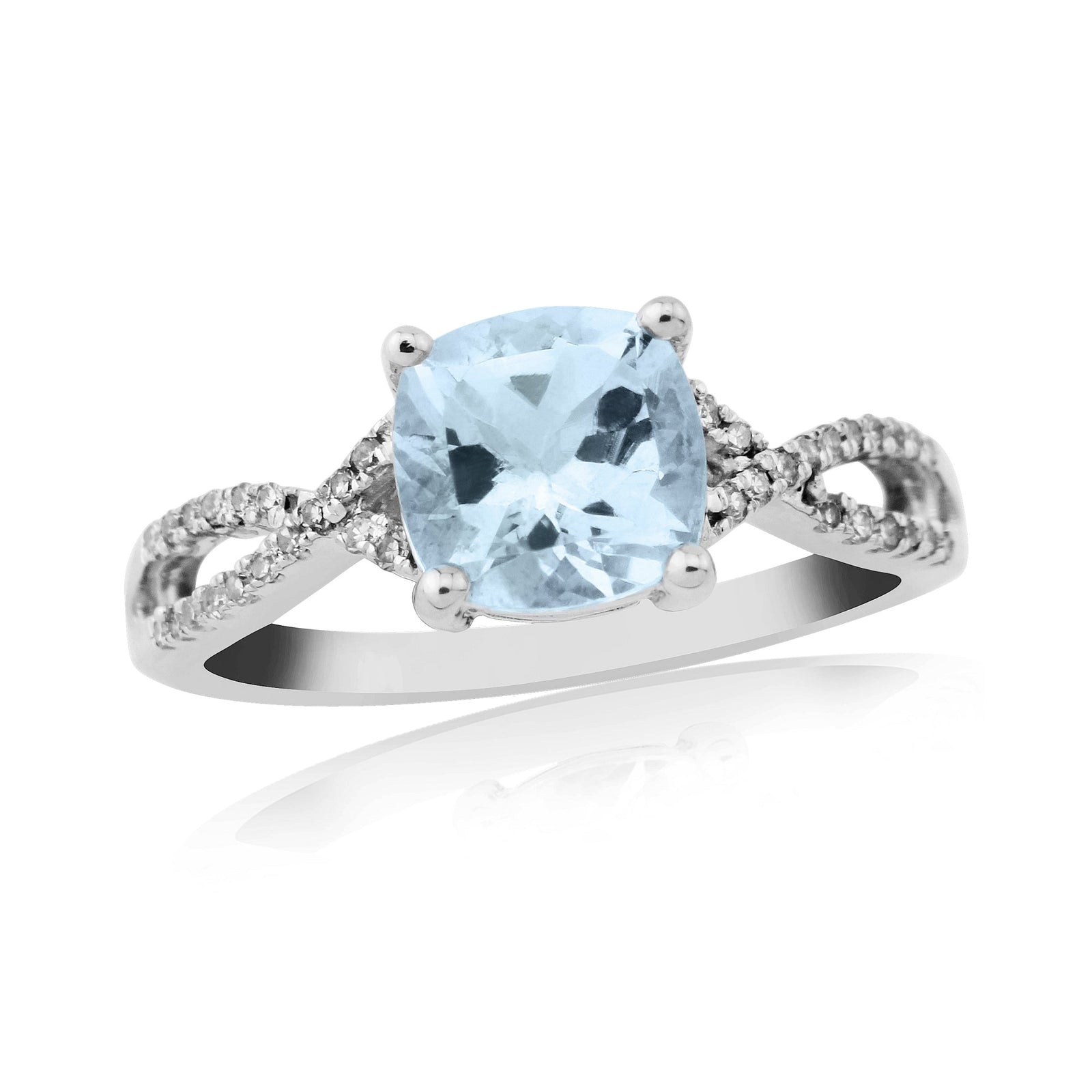 9ct white gold 7mm cushion shape aquamarine & diamond set crossover shank ring 0.11ct