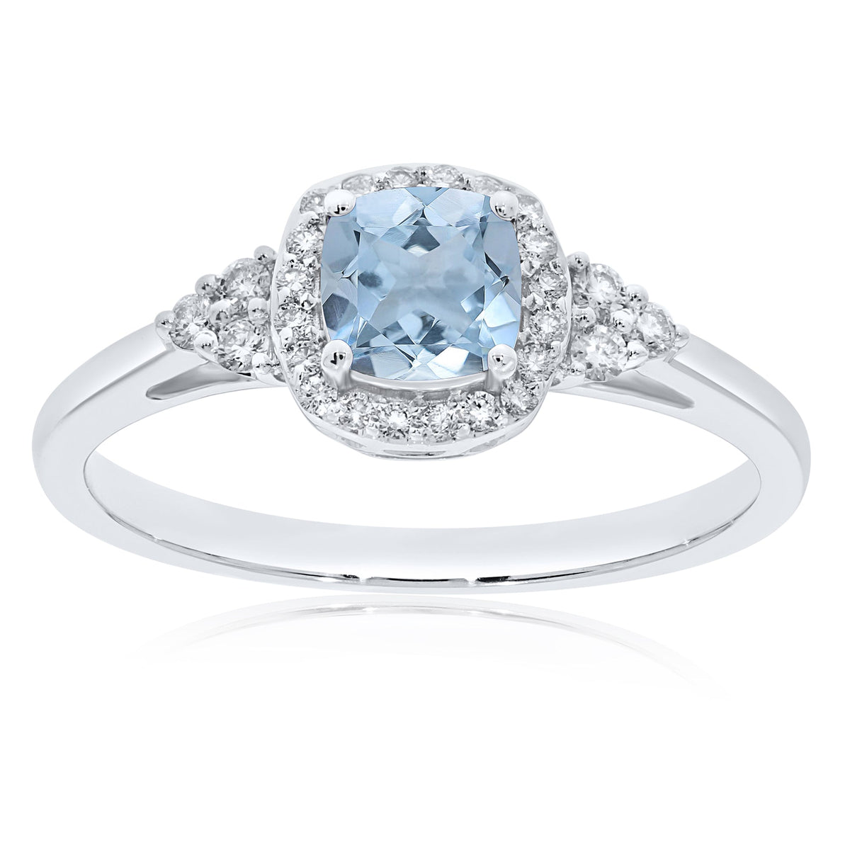 9ct white gold 5mm cushion shape aquamarine &amp; diamond ring 0.15ct