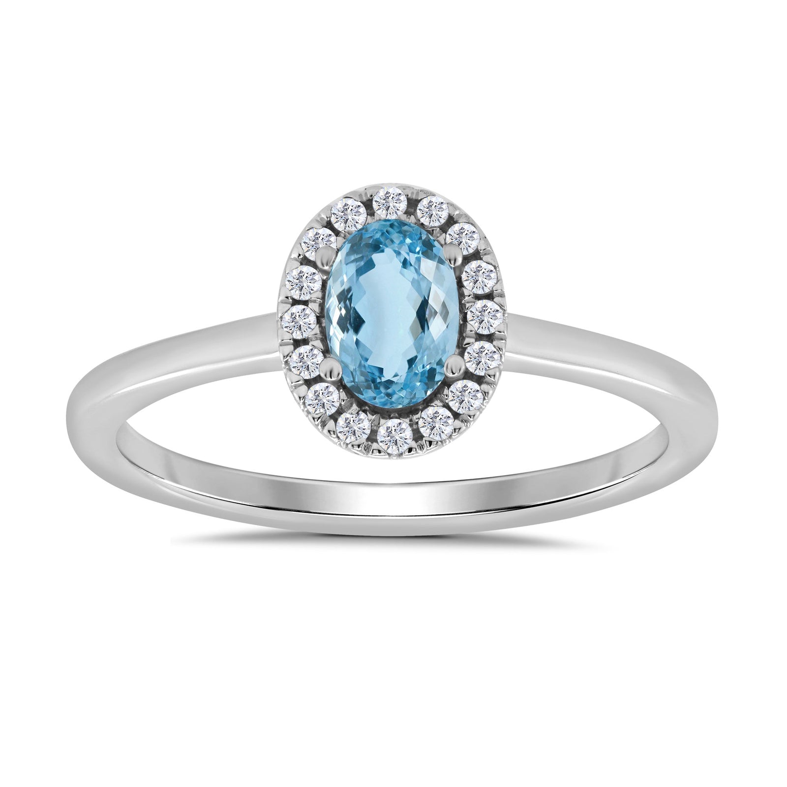 9ct white gold 6x4mm oval aquamarine & diamond cluster ring  0.10ct