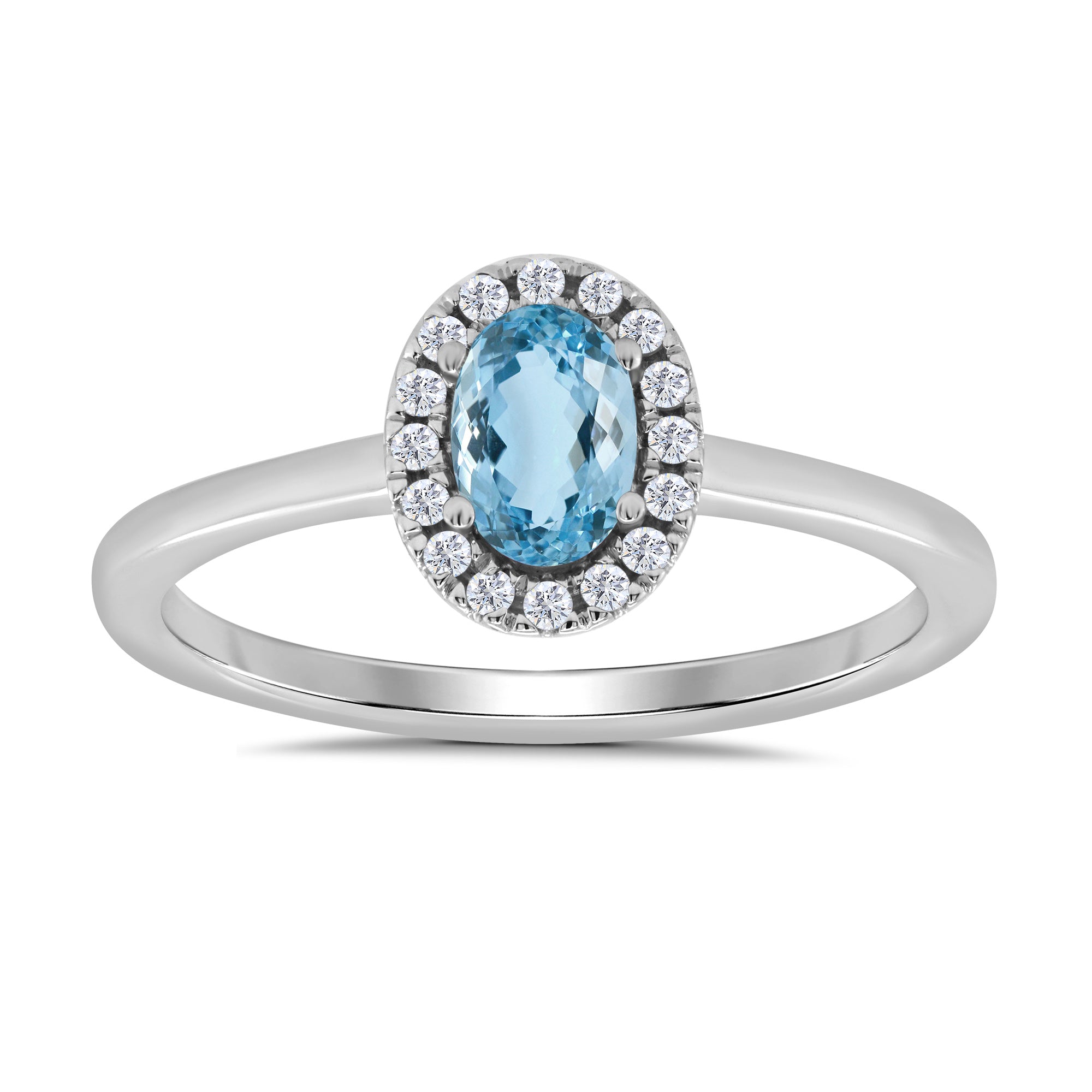 9ct white gold 6x4mm oval aquamarine & diamond cluster ring  0.10ct