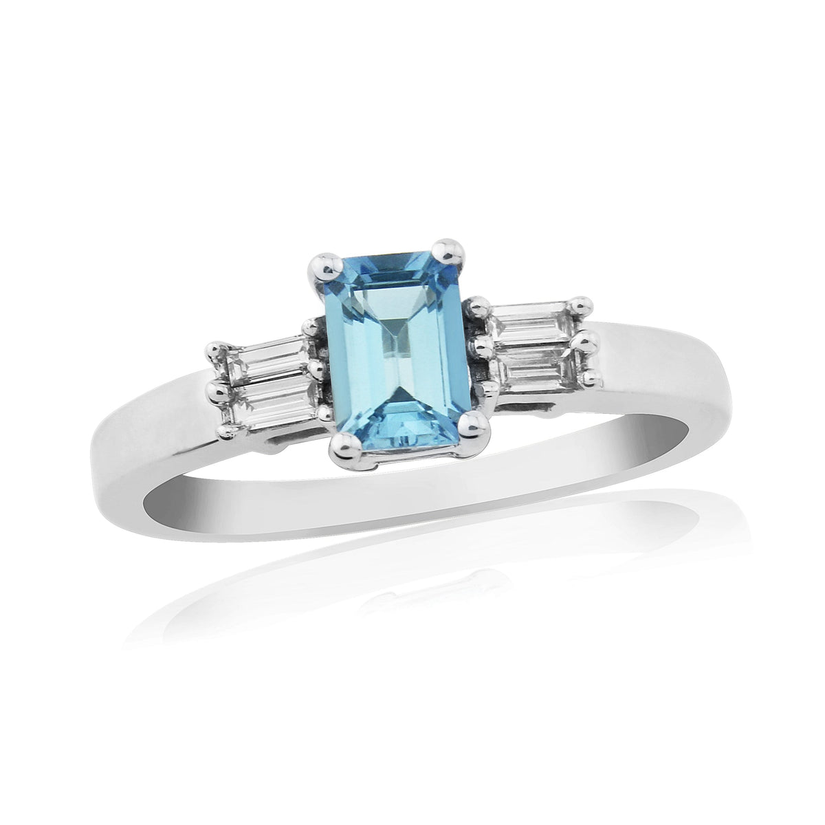 9ct white gold 6x4mm octagon cut aquamarine &amp; baguette diamond shoulders ring 0.12ct