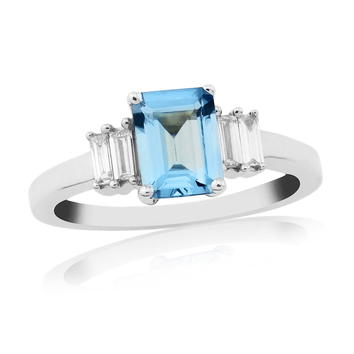 9ct white gold 7x5mm octagon cut aquamarine &amp; baguette diamond shoulders ring 0.17ct