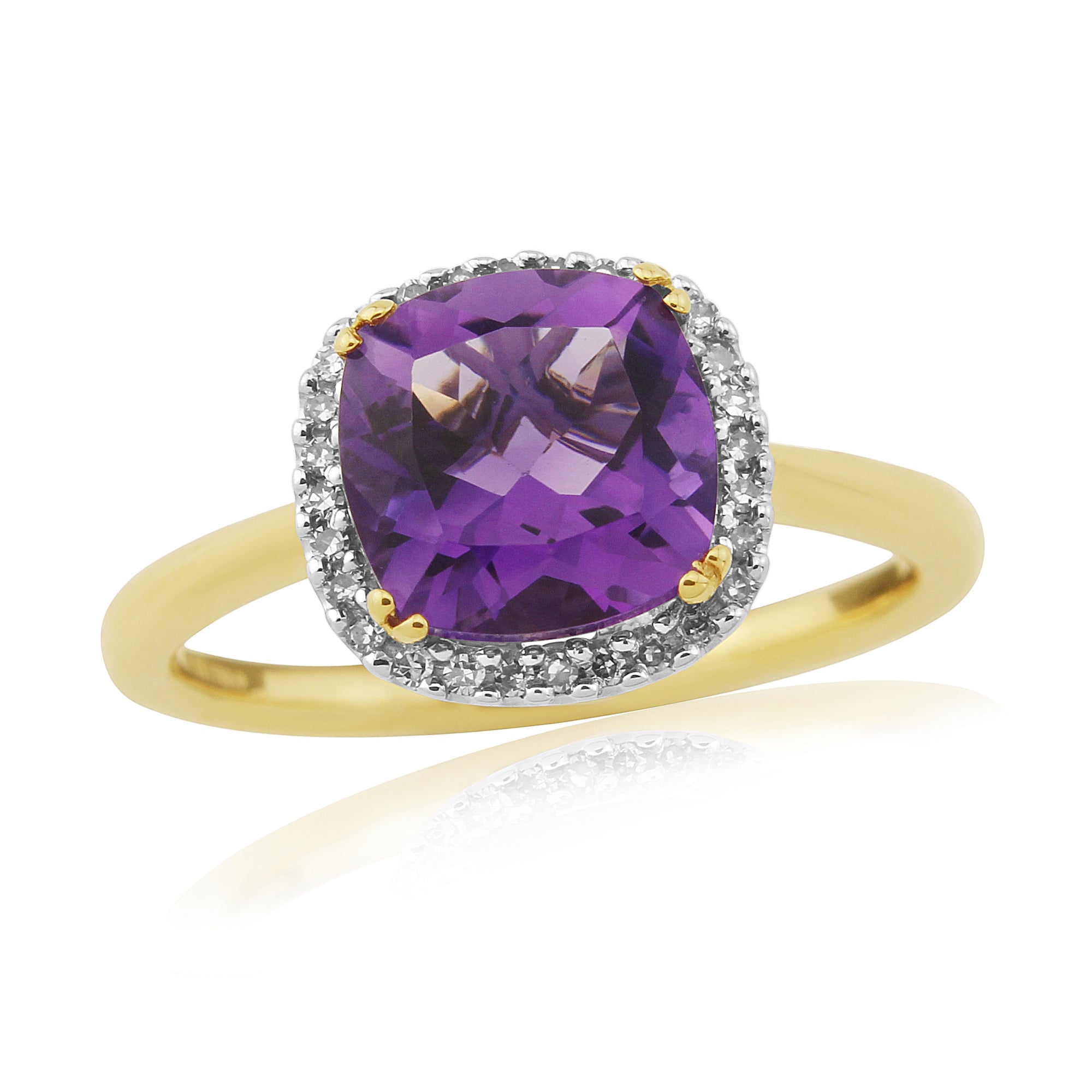 9ct gold 8mm cushion shape amethyst & diamond cluster ring 0.10ct