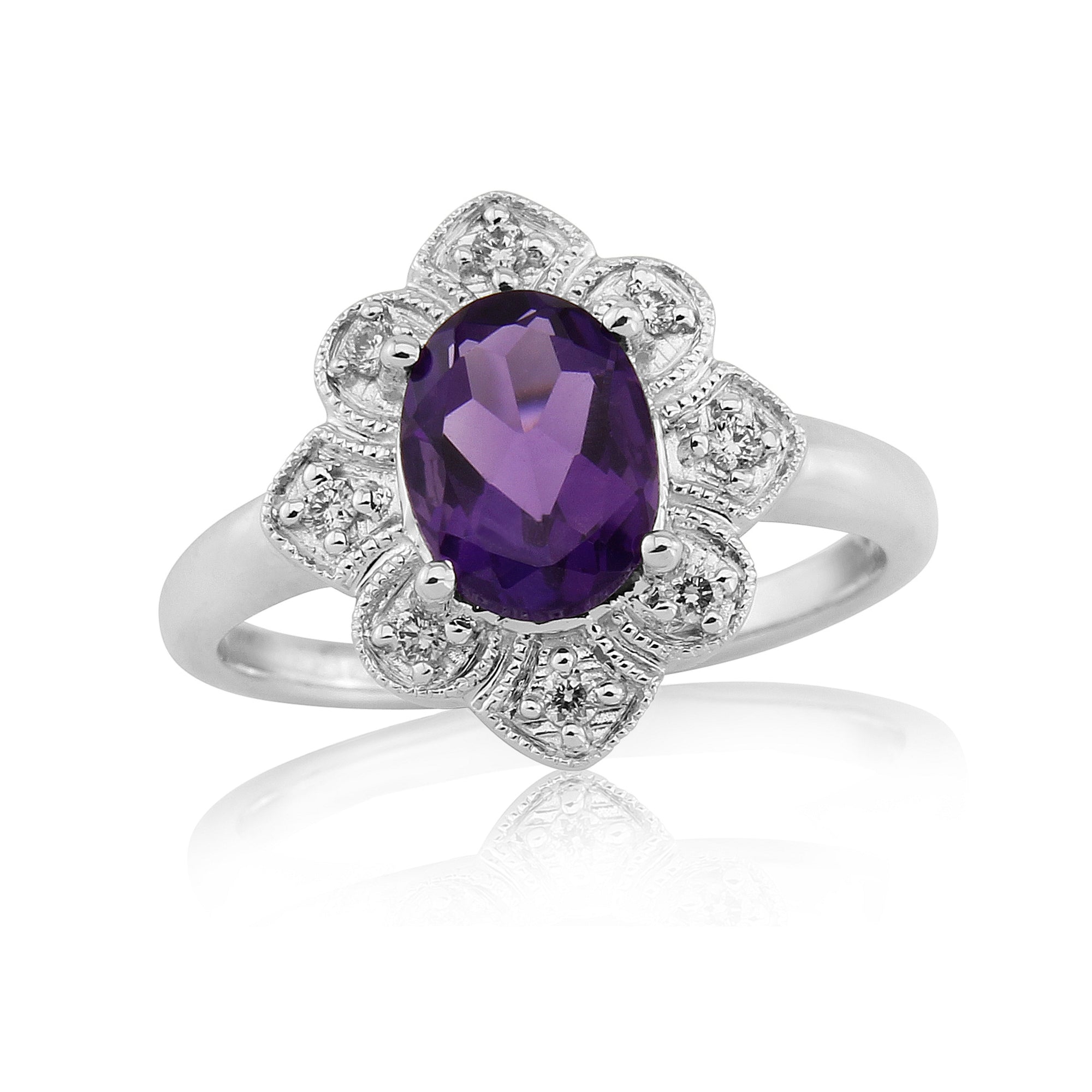 9ct white gold 8x6mm oval amethyst & diamond ring 0.10ct