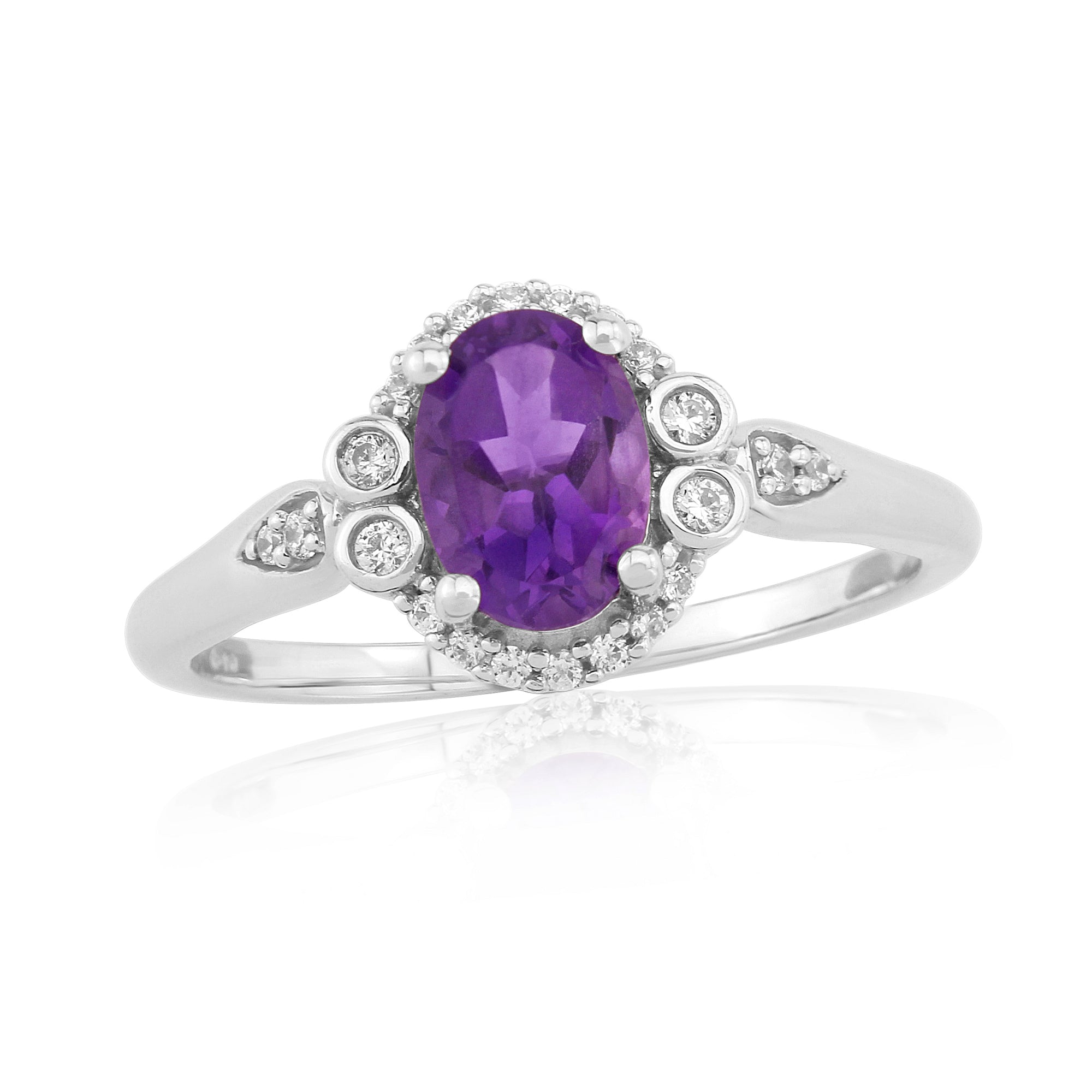 9ct white gold 7x5mm amethyst & diamond cluster ring 0.10ct