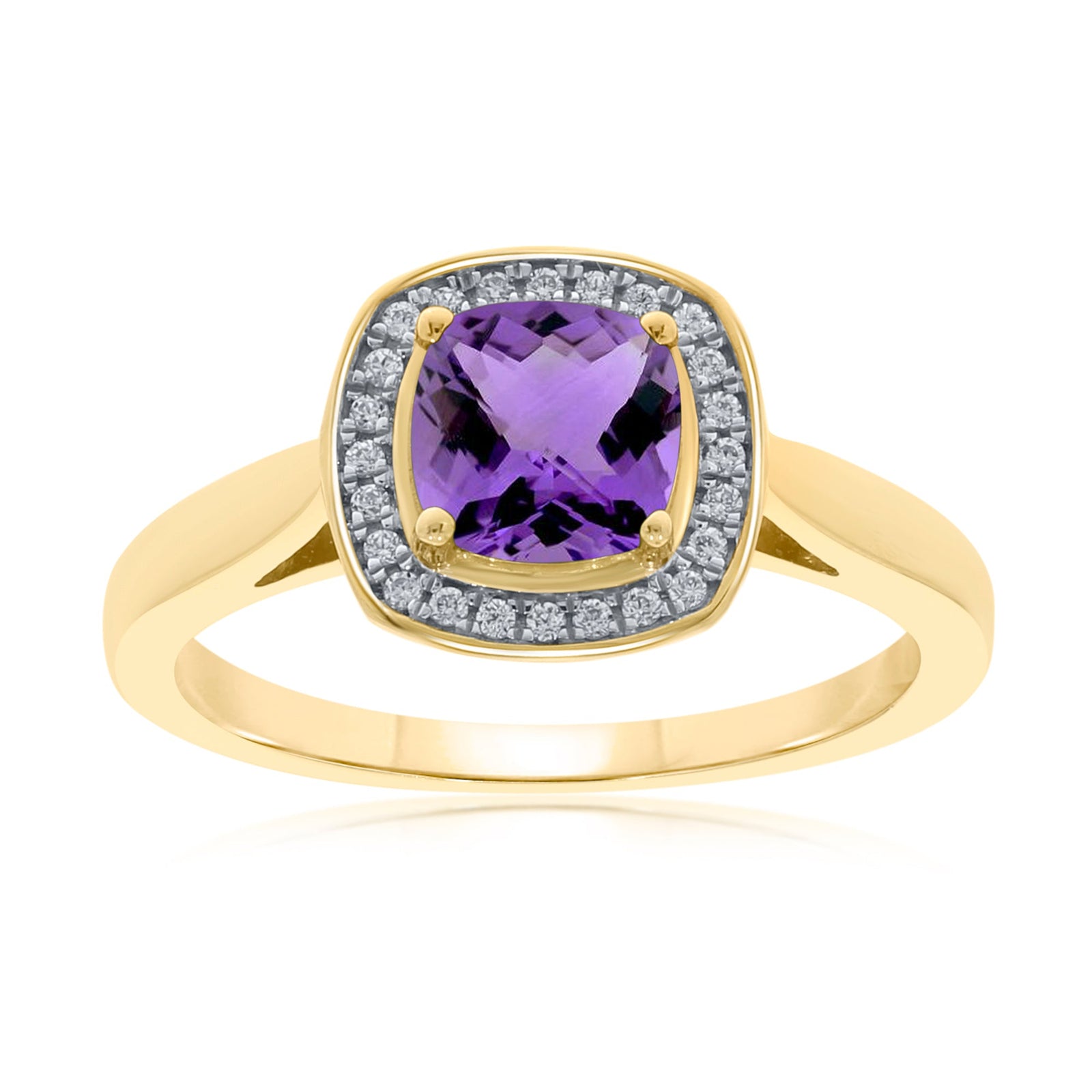 9xt gold checkerboard cut 6mm cushion shape amethyst & diamond cluster ring 0.10ct