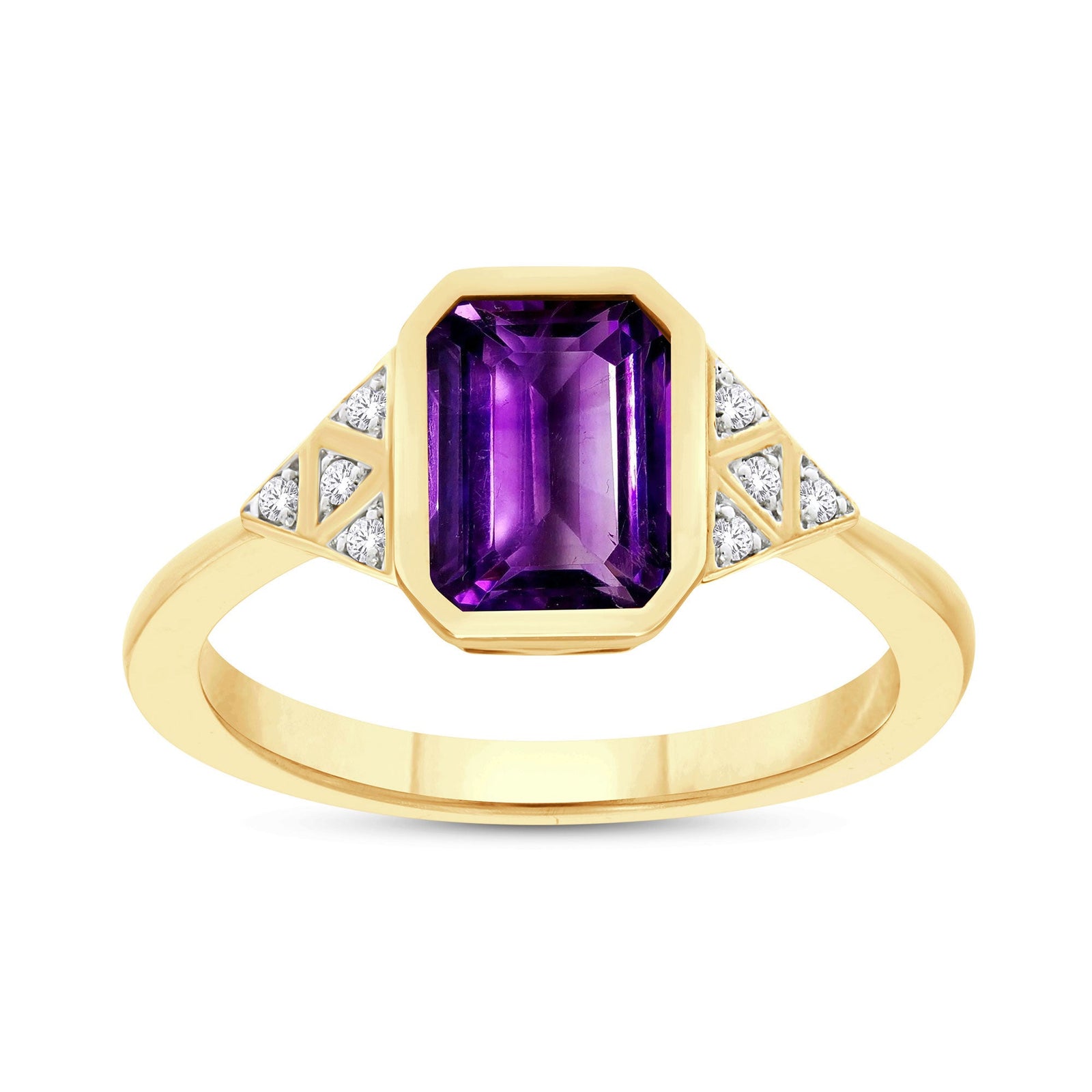 9ct gold 9x7mm octagon cut rubover set amethyst & diamond ring 0.05ct