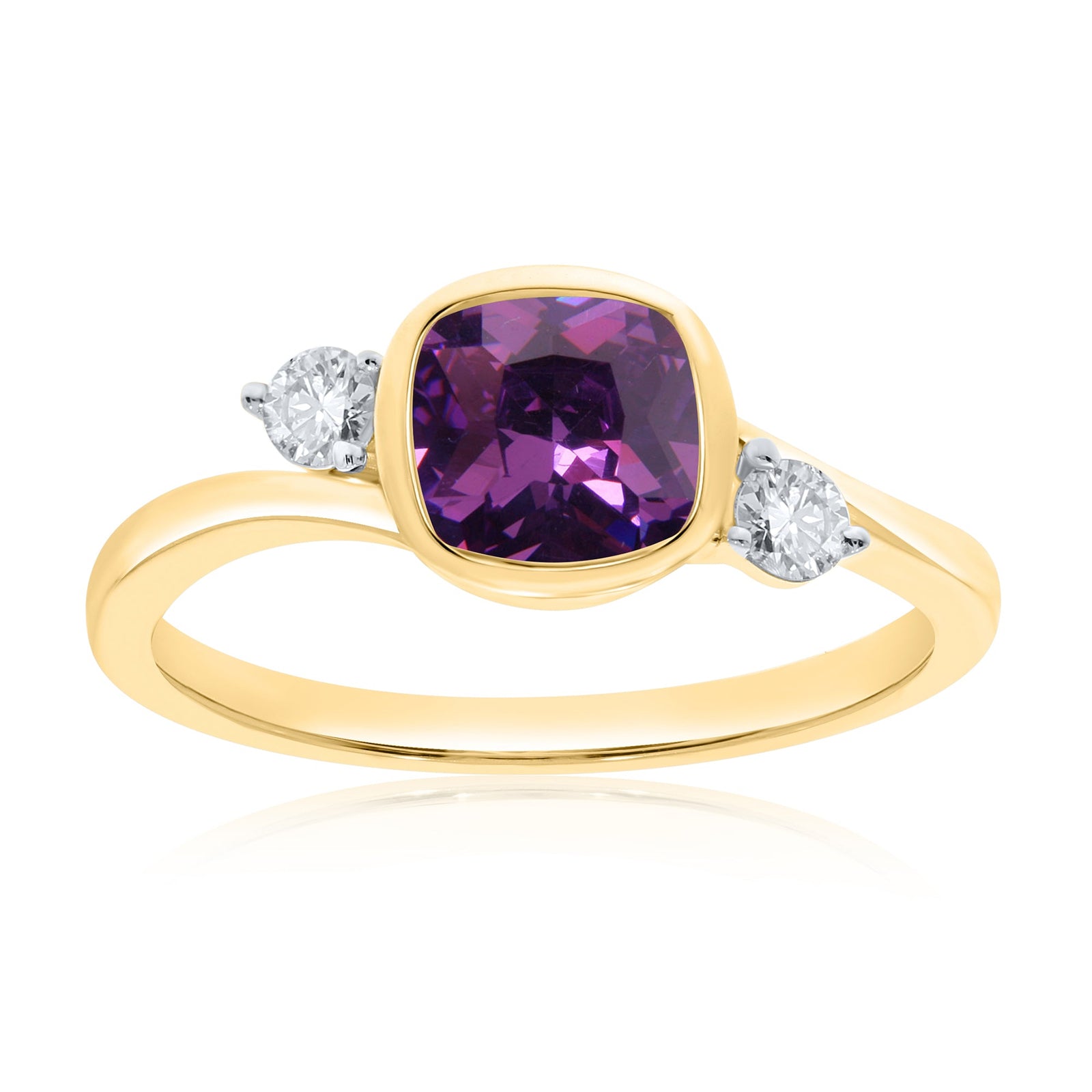 9ct gold 6mm cushion shape rub over set amethyst & diamond ring 0.14ct