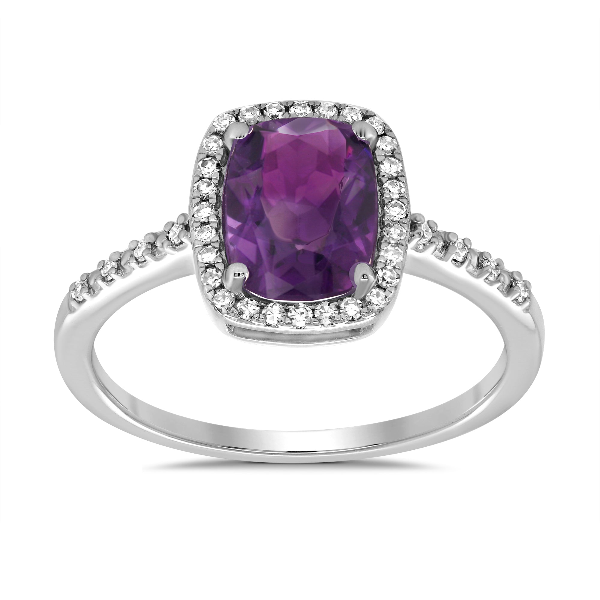 9ct white gold 8x6mm cushion shape amethyst & diamond cluster ring 0.15ct