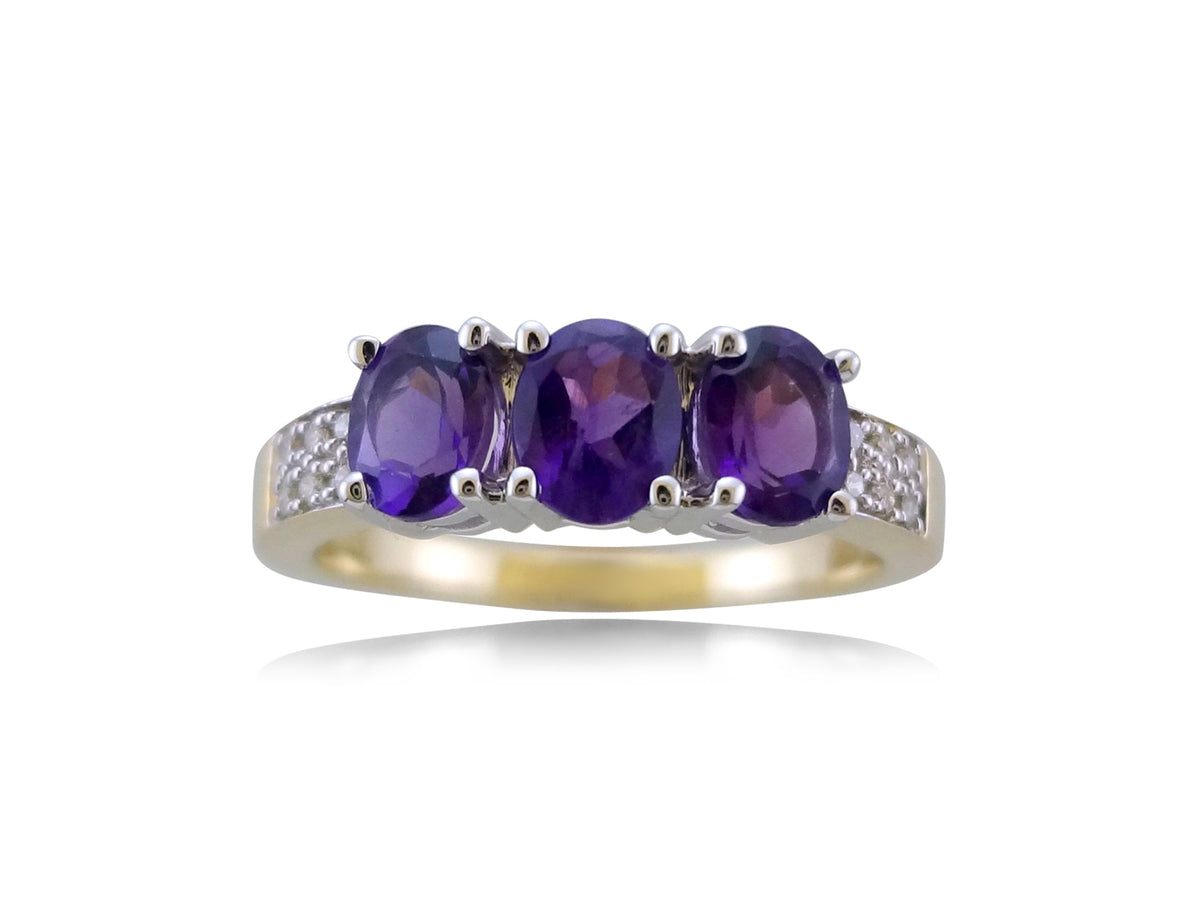 9ct gold triple 5x3mm oval amethyst &amp; diamond ring 0.06ct