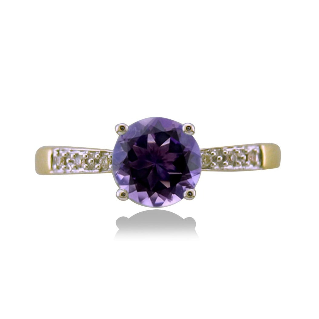 9ct gold 6mm rounf amethyst & diamond ring 0.03ct