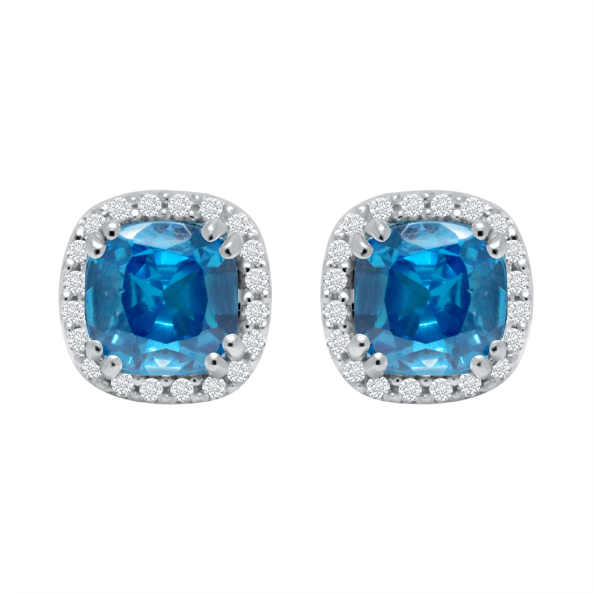 9ct white gold 5mm cushion shape blue topaz &amp; diamond cluster studs 0.12ct