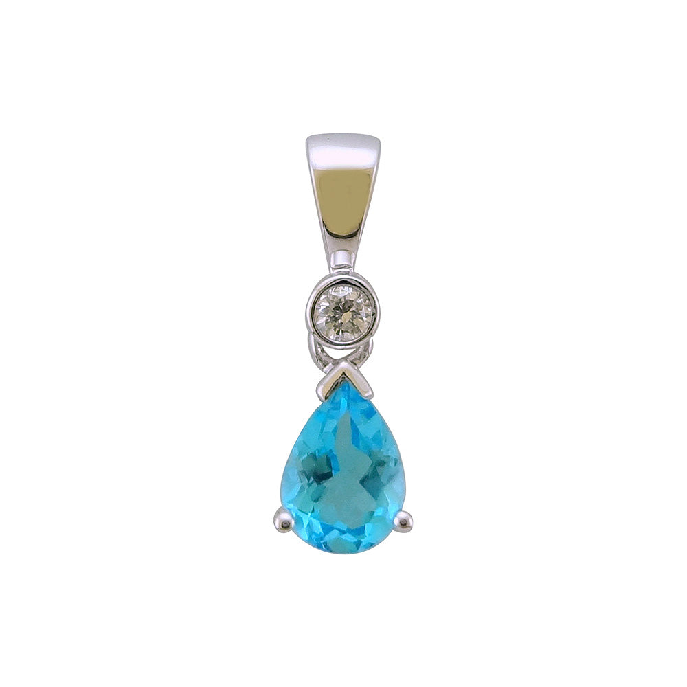 9ct white gold 7x5mm pear shape blue topaz & diamond pendant 0.05ct