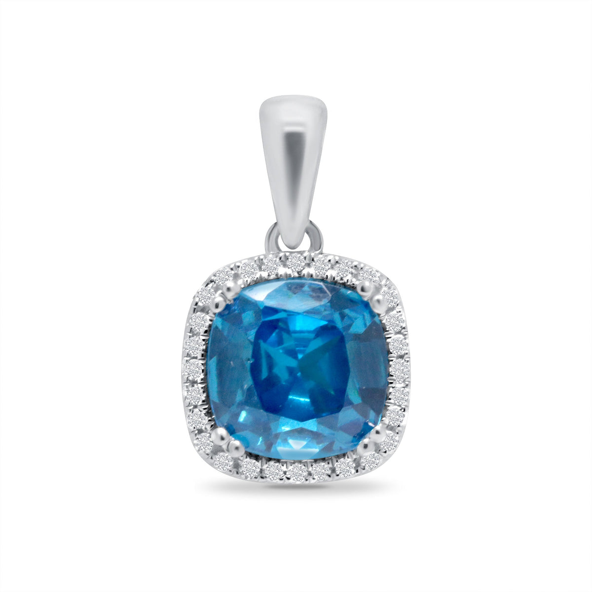 9ct white gold 8mm cushion shape blue topaz &amp; diamond cluster pendant 0.11ct