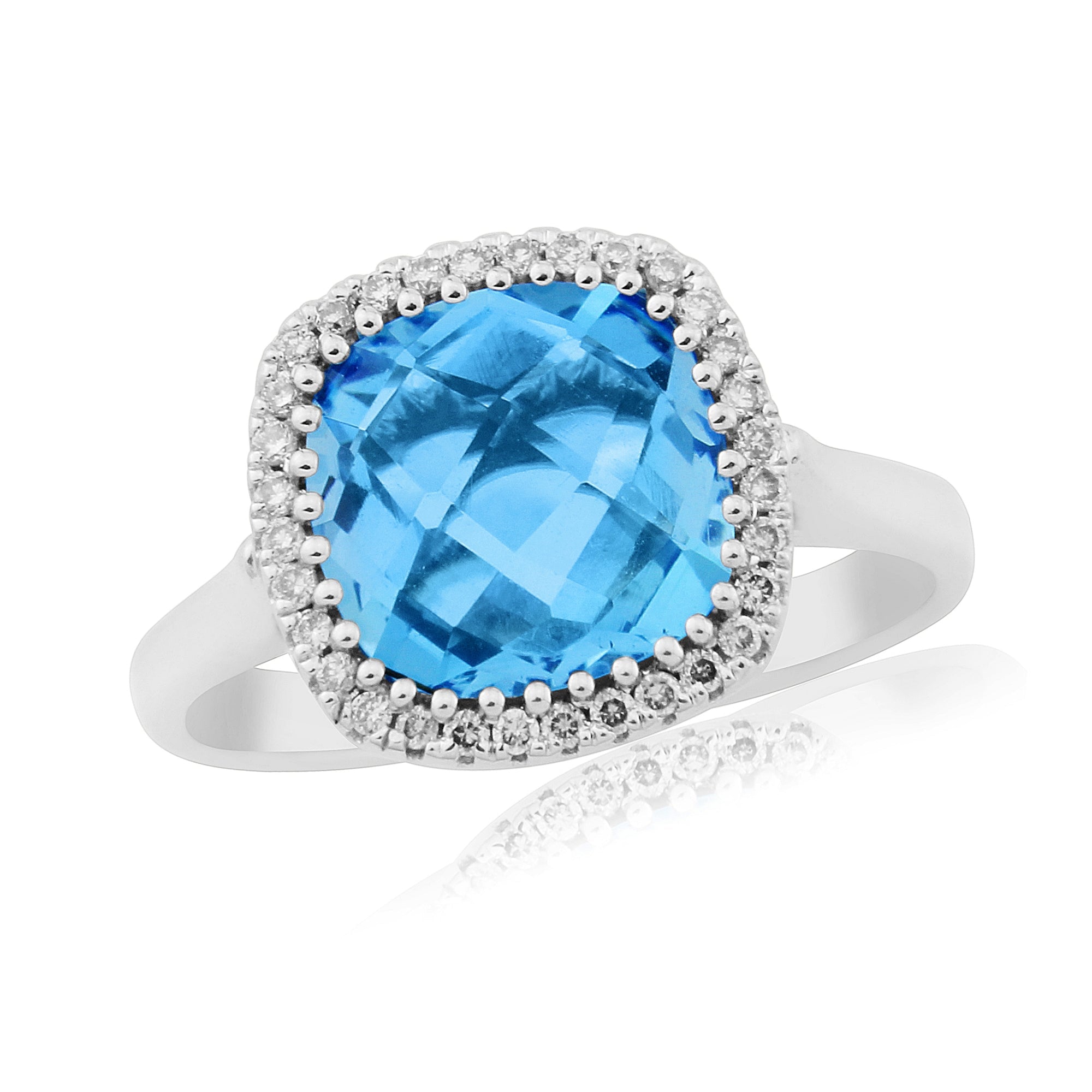 9ct white gold checkerboard cut 9mm cushion shape blue topaz & diamond ring 0.13ct