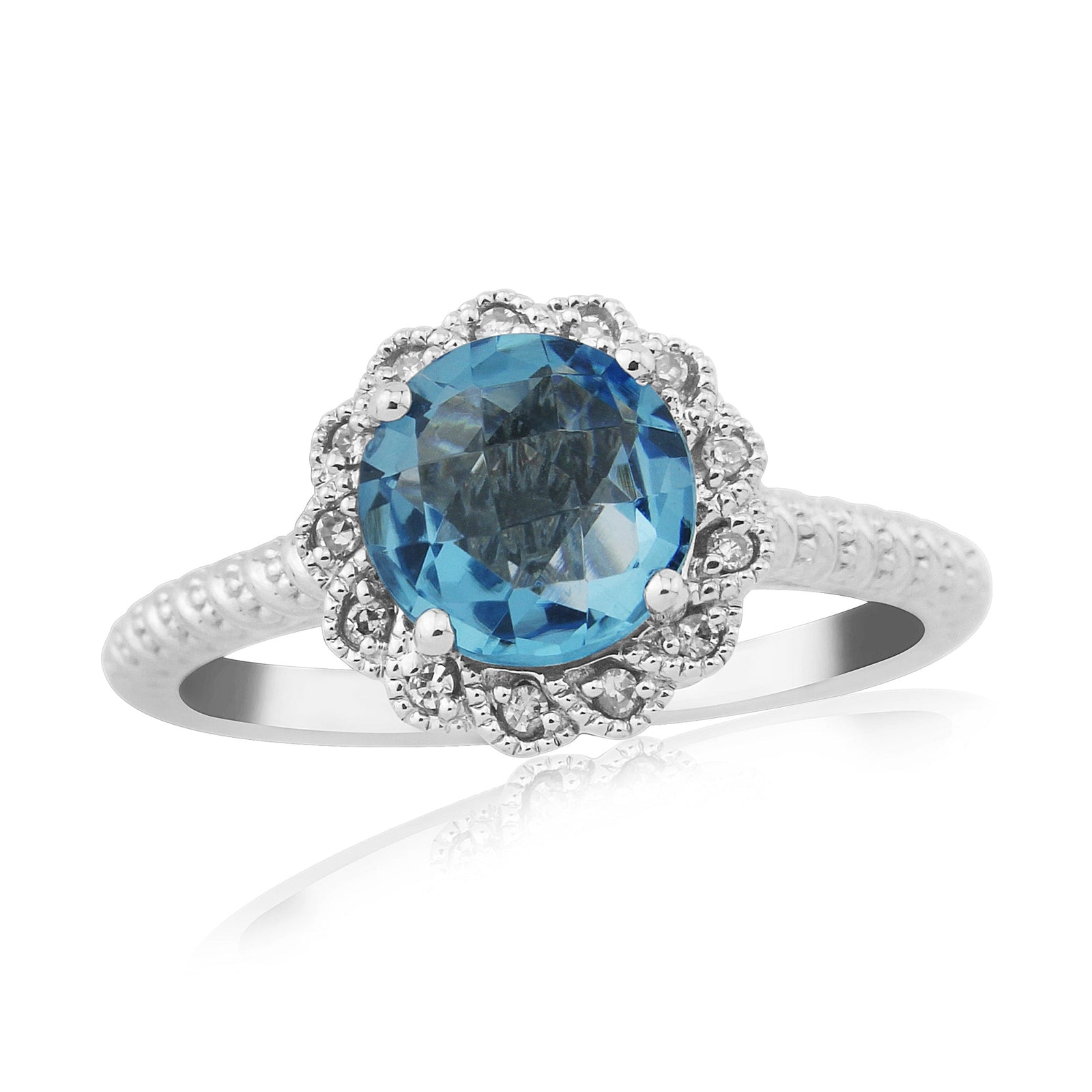 9ct white gold checkerboard cut 7mm round blue topaz & diamond ring 0.05ct