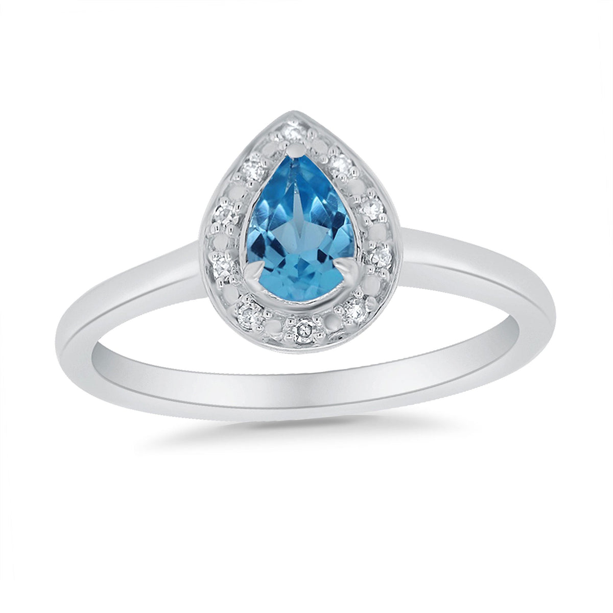 9ct white gold 6x4mm pear shape blue topaz &amp; diamond cluster ring 0.04ct