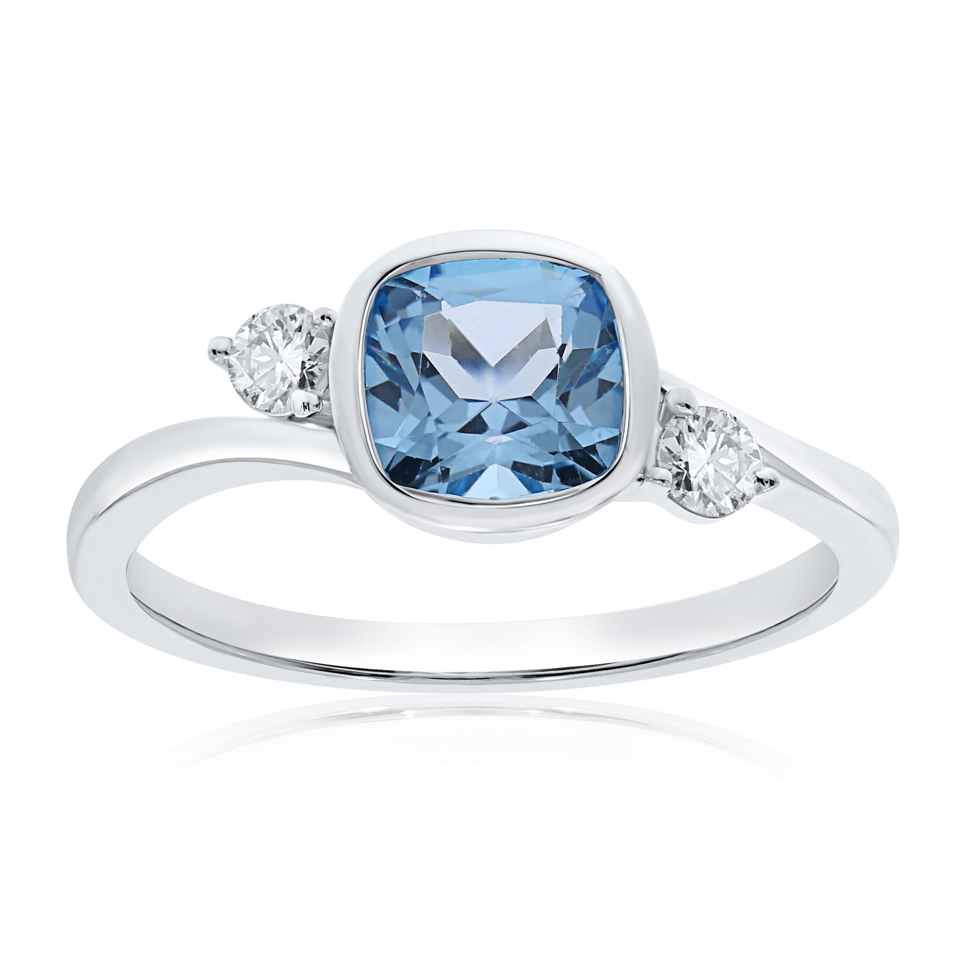 9ct white gold 6mm cushion shape rub over set blue topaz & diamond ring 0.14ct