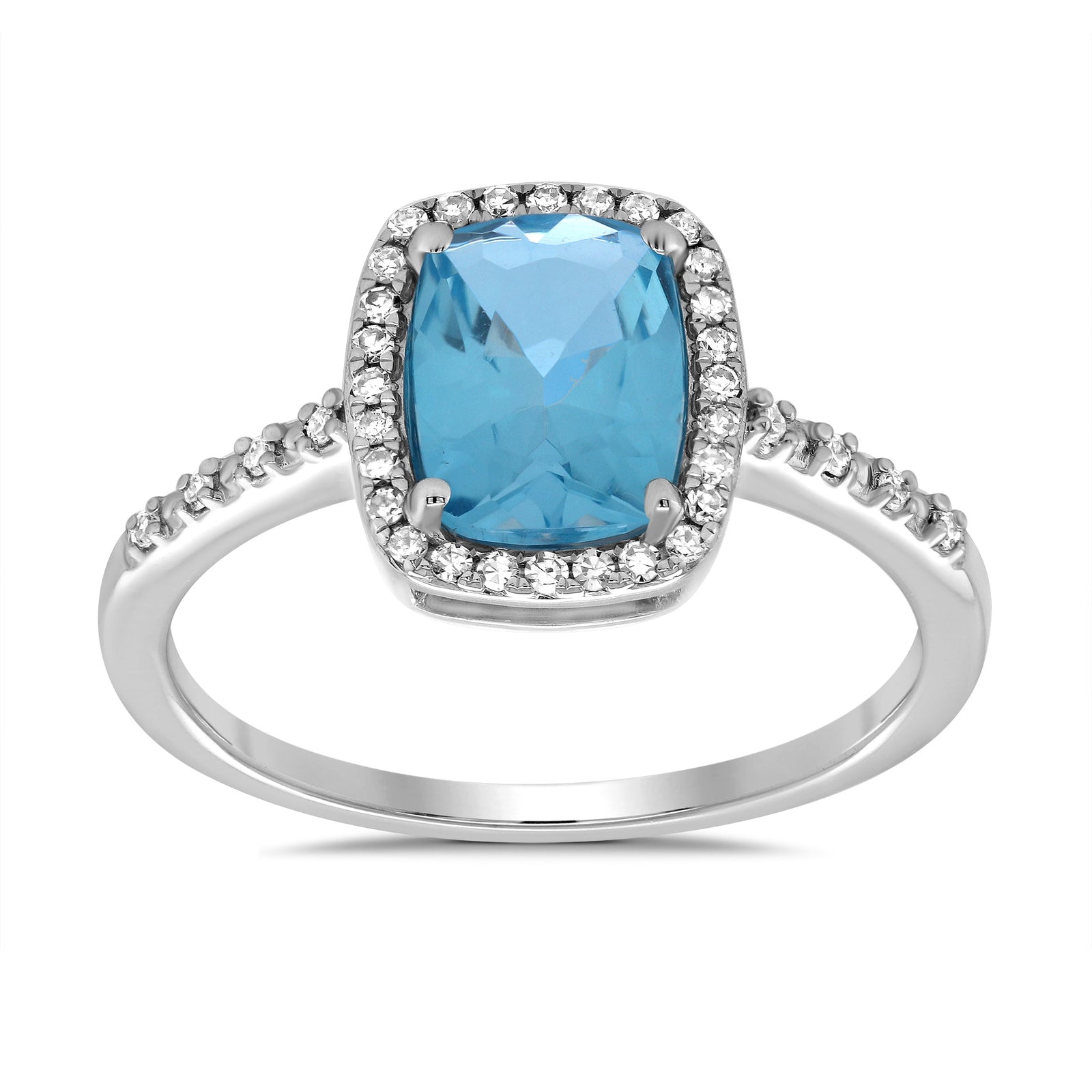 9ct white gold 8x6mm cushion shape blue topaz & diamond cluster ring 0.15ct