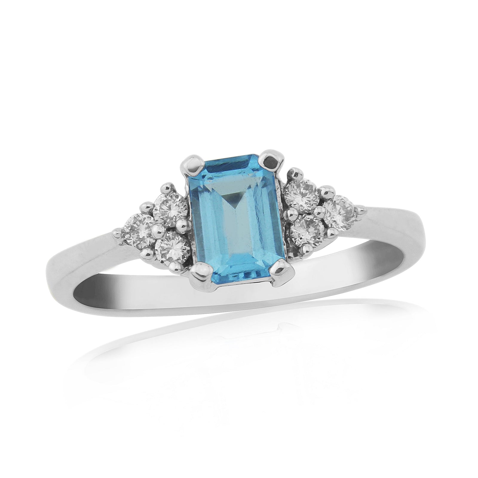 9ct white gold 6x4mm octagon cut blue topaz & triple diamond shoulders ring 0.13ct