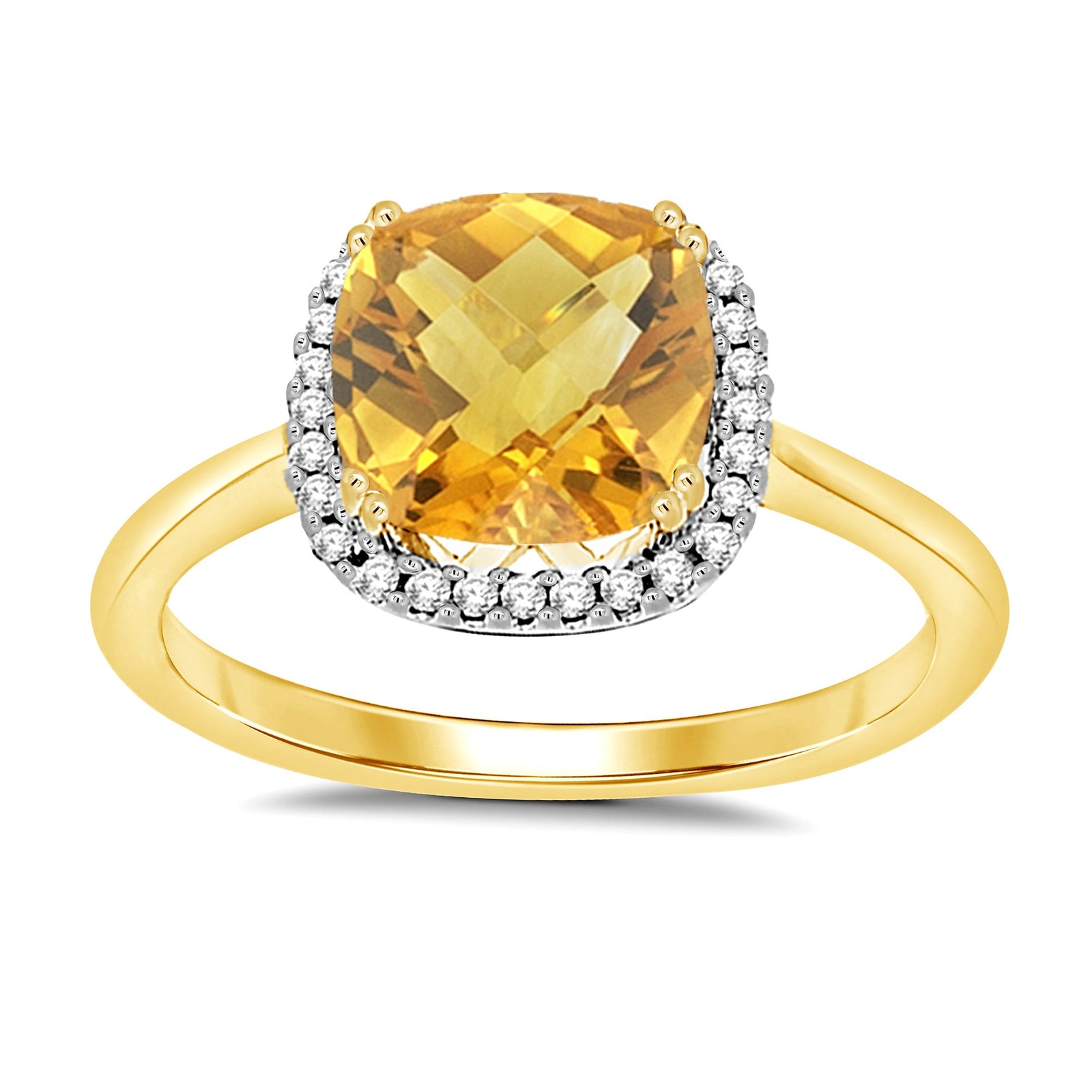 9ct gold 8mm cushion shape citrine & diamond cluster ring 0.10ct