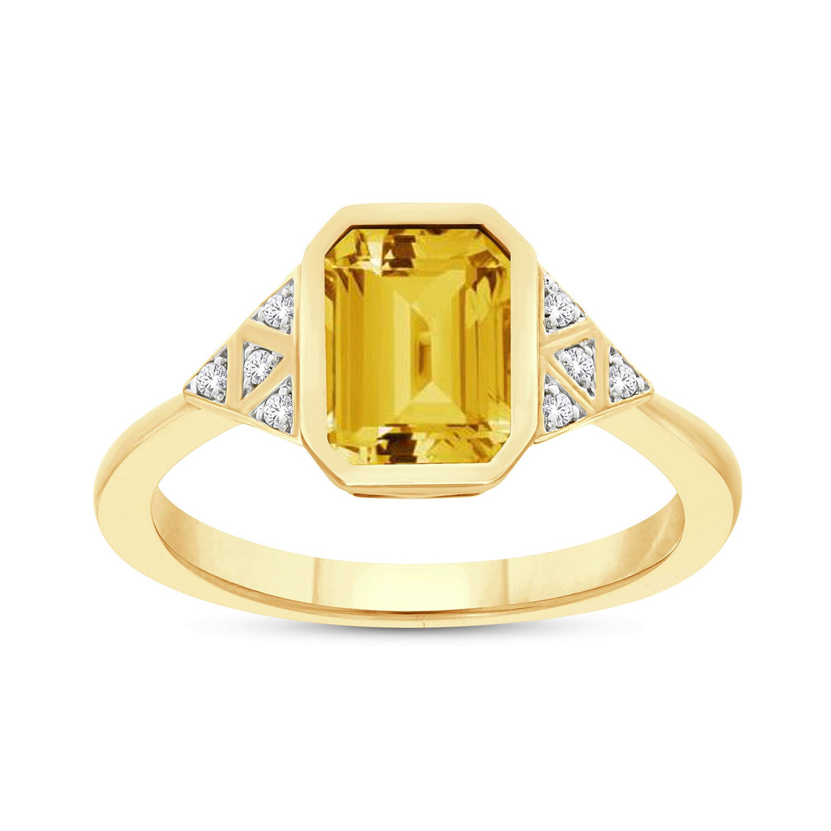 9ct old 9x7mm octagon cut rubover set citrine &amp; diamond ring 0.05ct