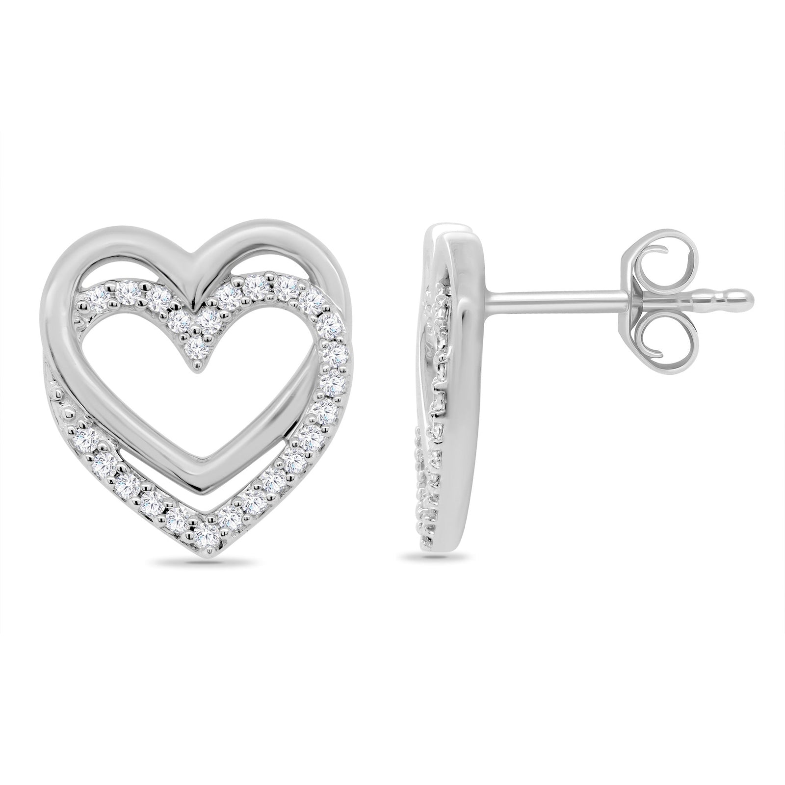 9ct white gold double heart diamond studs earrings 0.20ct