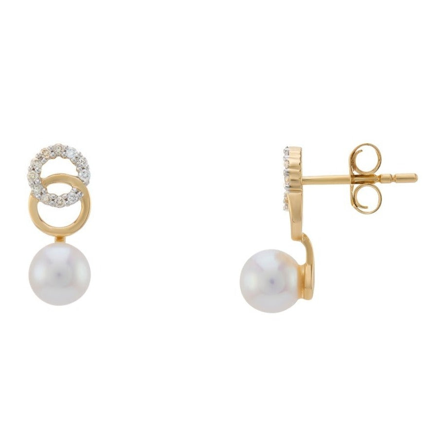9ct gold 6mm cultured pearl &amp; diamond/plain gold circle stud earrings 0.10cts