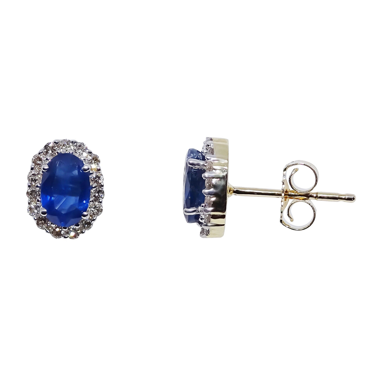 9ct gold 6x4mm oval sapphire &amp; diamond cluster studs earrings 0.22ct