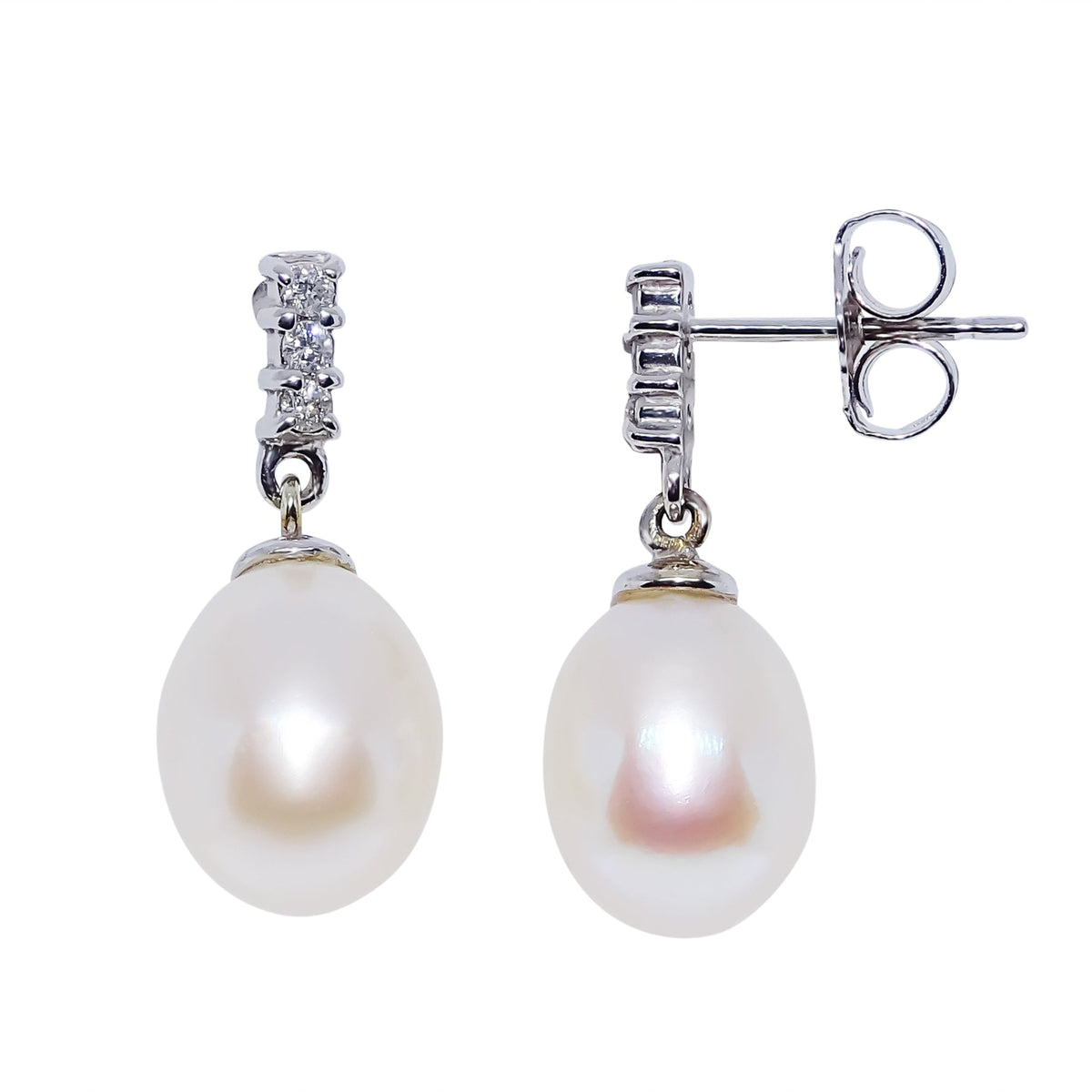 9ct white gold pearl &amp; diamond drop earrings
